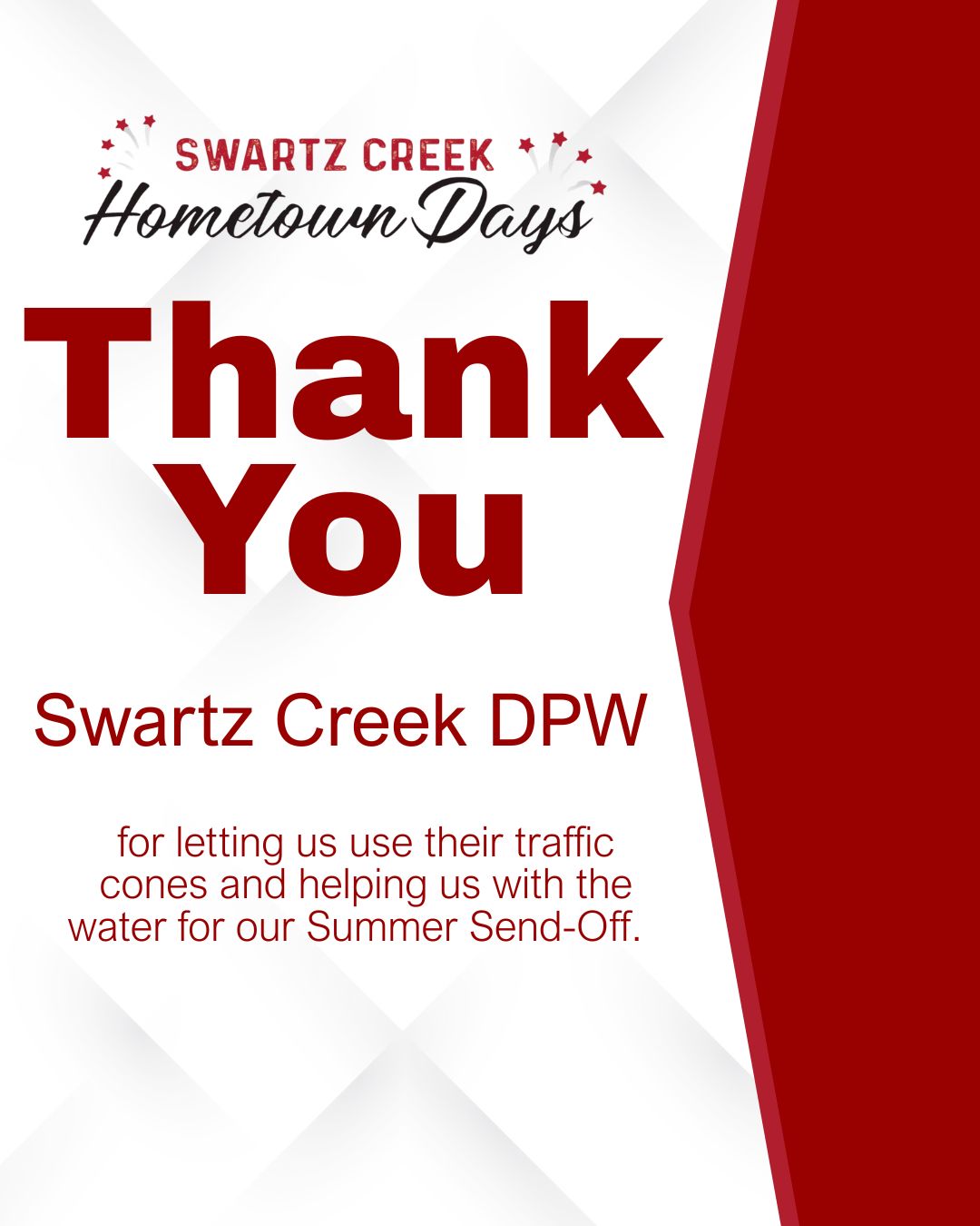 We want to give a BIG thank you to the City of Swartz Creek DPW for letting us use their traffic cones and helping us get the water set up for our Second Annual Summer Send-Off Event yesterday!
We truly appreciate all of your help in making the event possible and helping us create a fun afternoon for our community!
Thank you, Swartz Creek DPW!