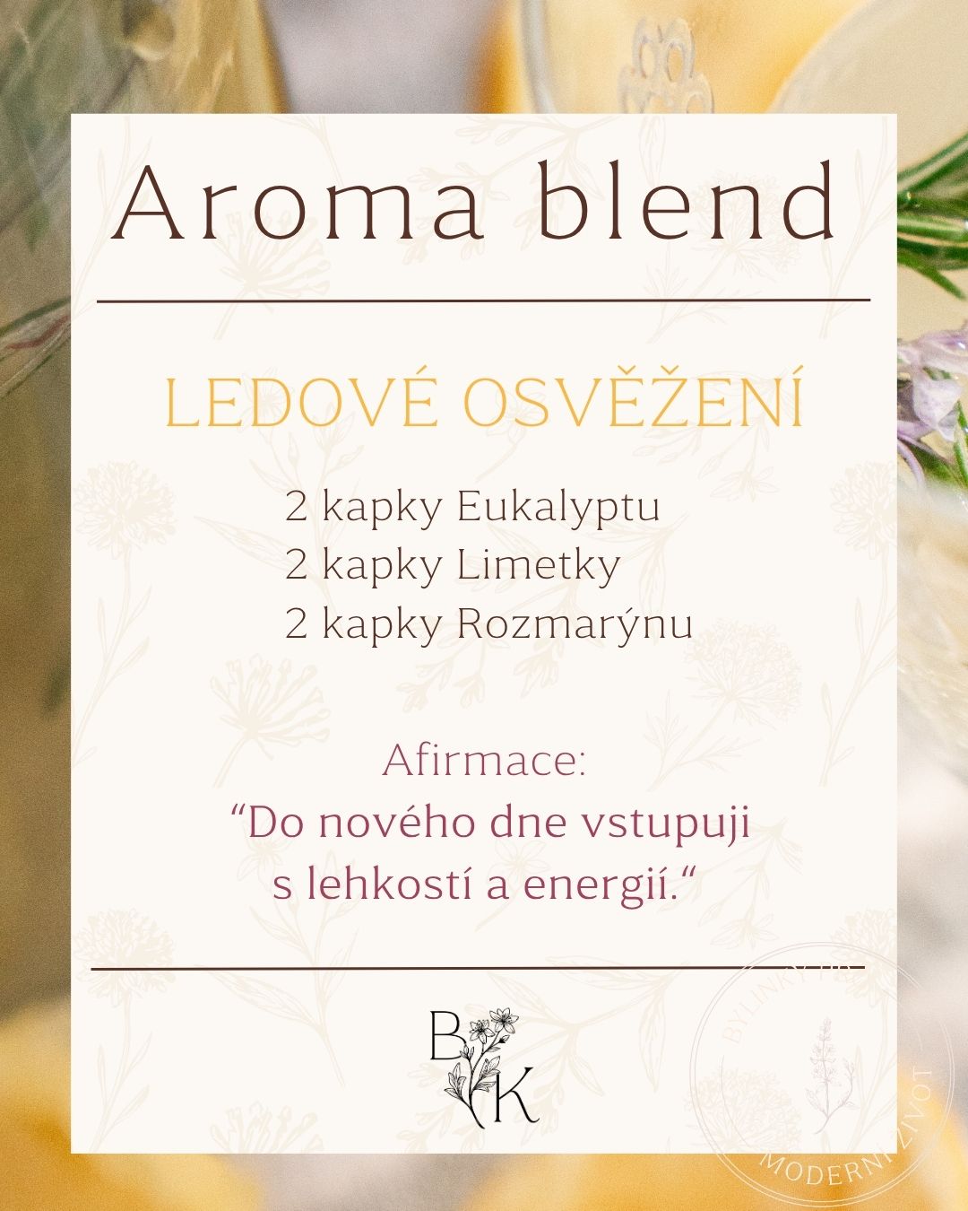 Potřebuješ osvěžit nejen tělo, ale i ducha?
Nemusí být zrovna horko k padnutí. Tahle voňavá kombinace eukalyptu, limetky a rozmarýnu dokáže povzbudit, osvěžit mysl a vnést do prostoru úplně novou energii. Stačí pár kapek do difuzéru a vůně dokáže během chvilky změnit atmosféru kolem nás.
A pokud bys je chtěla začít používat častěji, ale tápeš, který olej vybrat, jak ho správně ředit nebo jaké vůně spolu kombinovat, nakoukni do BYLINAppky.
Najdeš tam průvodce éterickými oleji, zásady bezpečného používání, praktické návody i aroma blendy pro různá roční období, nálady a chvíle během dne. A kromě toho přehledný herbář, recepty na tinktury, sirupy, masti i další návody, které budeš mít vždy po ruce.
Začni se mnou objevovat sílu přírody.
👉 Odkaz na appku najdeš v bio.
#BYLINAppka #bylinkatka #mobilniaplikace #bylinky #aromaterapie #přírodnípéče