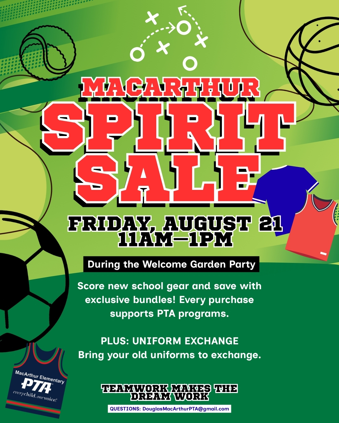 SUIT UP FOR THE NEW SCHOOL YEAR! The MacArthur PTA Spirit Wear Sale is happening during our Welcome Garden Party! Score MacArthur gear, save with exclusive bundles only available at the sale, and support school programs with every purchase.
๐
Friday, August 21
โฐ 11:00 AMโ1:00 PM
๐ MacArthur Elementary Garden
Enter through the Kinder/TK doors.
โป๏ธ Uniform Exchange
Bring your old uniforms to exchange for another size.
๐ญ Snacks and water
๐ง Shaved ice
๐ PTA meet and greet
๐ Available teachers may stop by
Bring a blanket, chairs, and a lunch. And remember: MacArthur spirit wear can be worn as your school uniform!
Letโs kick off the new season together because Teamwork Makes the Dream Work! โค๏ธ๐ค๐