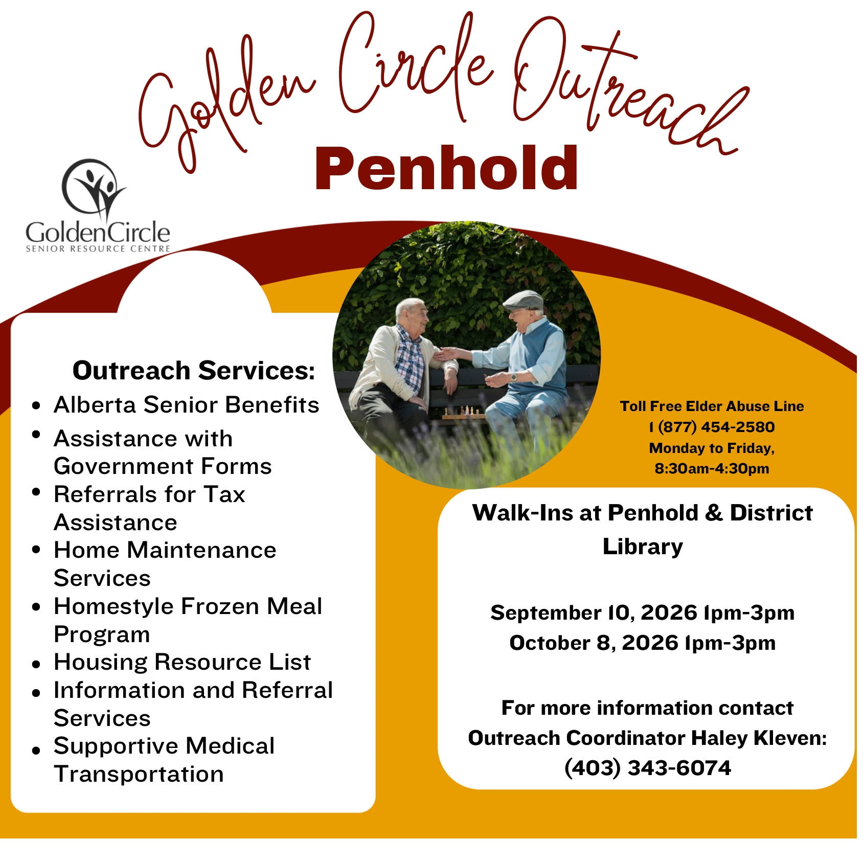 Haley from the Golden Circle will be here on Thursday, Sept 10 from 1-3pm, to help seniors who may want or need help accessing community services
*PLEASE NOTE THE NEW TIME**