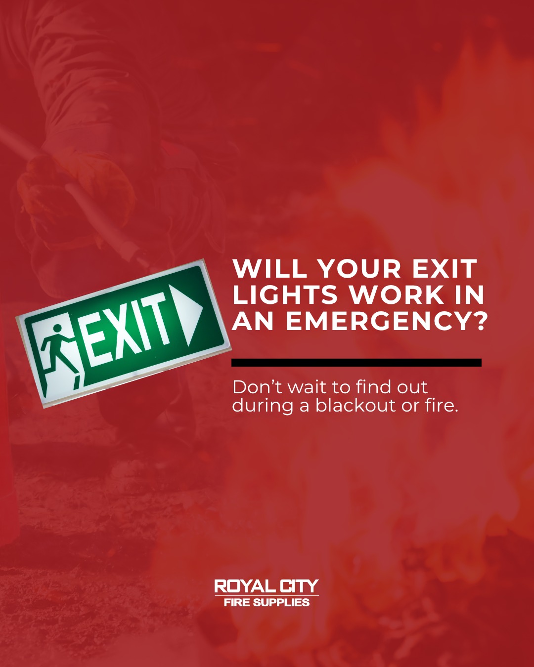 When the power goes out, your exit lighting should not.
Emergency exit signs and lighting provide clear guidance during evacuations, helping occupants find the safest route out of a building when visibility is limited. Regular inspections and testing help ensure these critical systems are functioning properly and remain compliant with current safety requirements.
Do not wait until an emergency to discover a problem.
Royal City Fire Supplies provides professional inspection, testing, maintenance, and repair services for emergency lighting and exit signs, helping businesses stay prepared and protected.
Schedule your inspection today and make sure your building is ready when it matters most.
#RoyalCityFireSupplies #RCF #EmergencyLighting #ExitSigns #FireProtection #LifeSafety