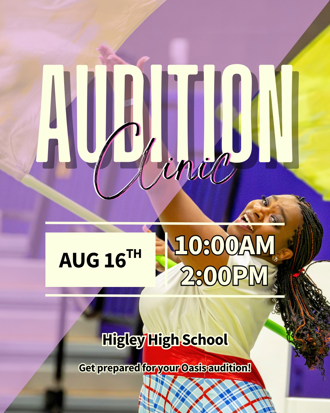 See you this Sunday for our first pre-audition clinic at Higley High School from 10am-2pm! Learn our technique exercises, meet the staff, and get more comfortable for your upcoming Oasis audition!
Link in our bio!
#wgi #wgaz #winterguard #oasis #colorguard
