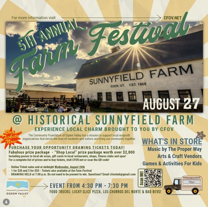 Looking for something to do with the whole family on Thursday August 27th? 🎪 Head to the 5th Annual Farm Festival at the historical Sunnyfield Farm in Eden, from 4:30-7:30 pm!
We're proud to celebrate one of our favorite sponsors, the @cfovutah 💚, who's putting this whole thing on. 🎶 Live music from The Proper Way, 🎨 arts & craft vendors, 🎮 games and activities for the kids, and 🍕🌮 food trucks (Lucky Slice Pizza, Los Churros Del Norte, and Bad Bevs) — plus don't sleep on those opportunity drawing tickets, there's a "Shop Local" prize package worth over $2,000! 🎟️✨ Online ticket sales end at midnight Wednesday, August 26th, or grab them at the festival.
Come support the folks who support our trails. See you out there! 🚜🌾☀️
More info at CFOV.net 👉