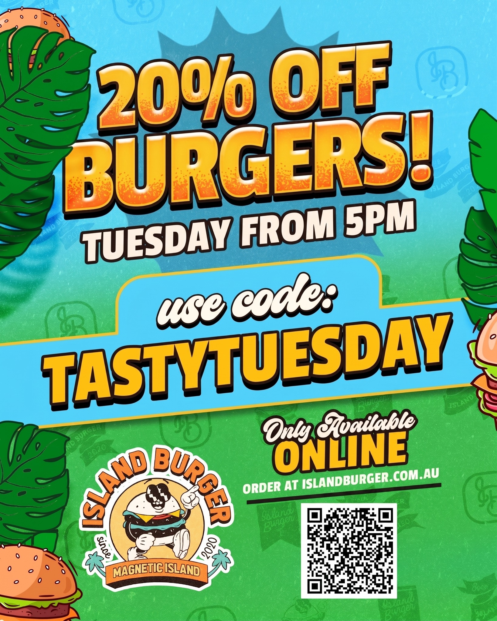 Happy Tuesday Maggie Island 🏝️
We're offering 20% off our online ordering from 5pm tonight! 🍔
Just punch in TASTYTUESDAY at checkout! 😎
✌️