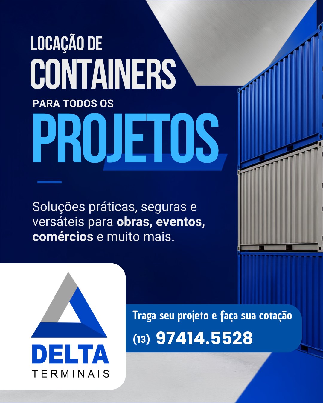 UM CONTAINER. INÚMERAS POSSIBILIDADES PARA O SEU PROJETO.
Precisa de uma solução prática para obra, evento, comércio, armazenamento ou operação da sua empresa? A Delta Terminais conta com opções de containers para locação que unem segurança, versatilidade e excelente custo-benefício.
🔹 Containers Dry
🔹 Containers frigoríficos (Reefers)
🔹 Módulos escritório
🔹 Módulos banheiro
🔹 Soluções e transformações para projetos especiais
Aqui, cada necessidade pode se transformar em uma solução eficiente. Conte com a experiência da Delta Terminais e encontre o container ideal para o seu projeto.
💬 Traga seu projeto para a Delta e faça sua cotação!
📲 WhatsApp: (13) 97414-5528
#DeltaTerminais #LocacaoDeContainers #Containers #Container #ContainerDry #ContainerReefer