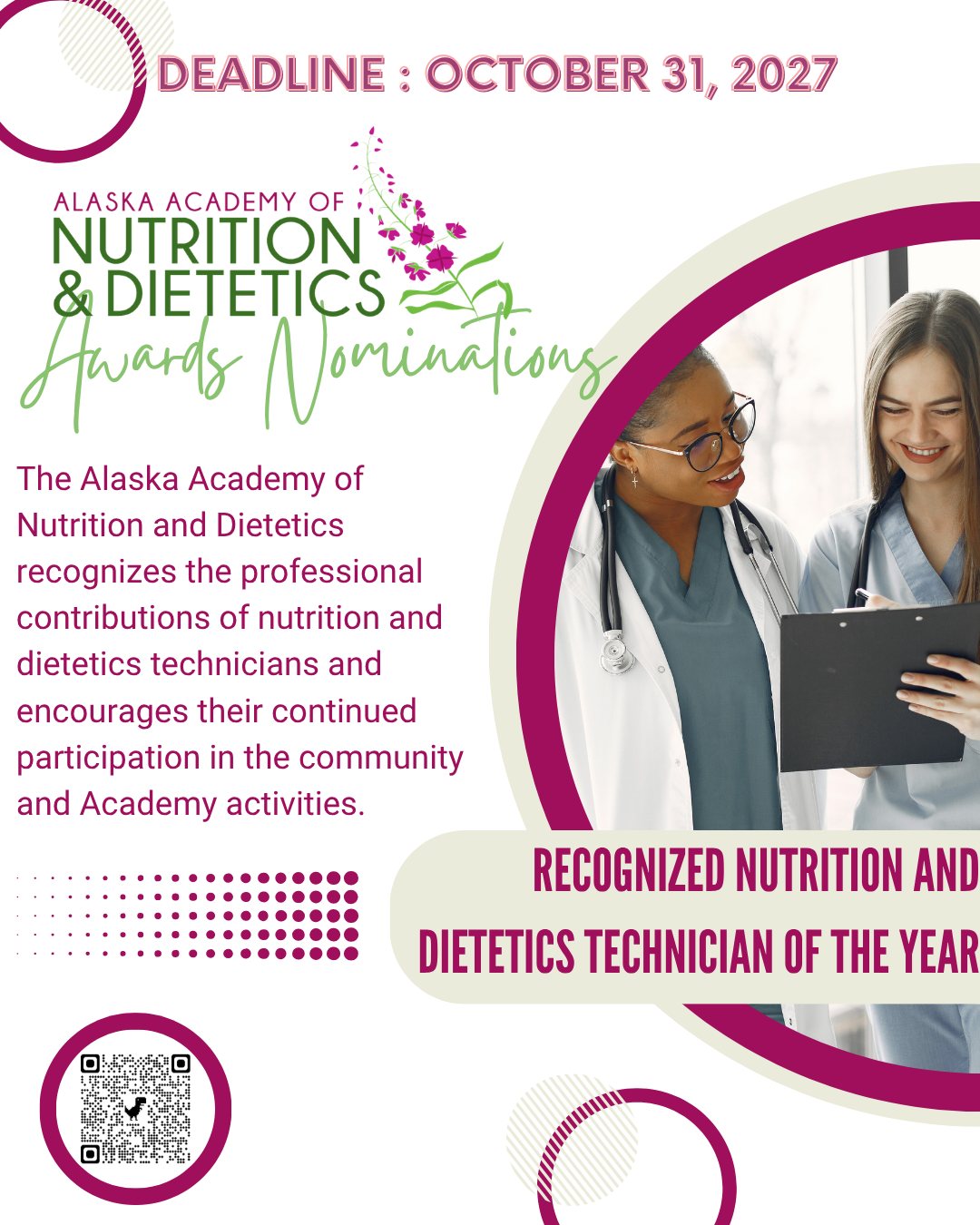 The Academy of Nutrition and Dietetics recognizes the professional contributions of nutrition and dietetics technicians and encourages their continued participation in the community and Academy activities. Award recipients are selected by their affiliated dietetic organizations. They demonstrate leadership qualities and performance in the Academy or their employment through education, clinical nutrition, foodservice management, public relations, career guidance and legislation.
Nominate yourself or your peers today at the link in bio.