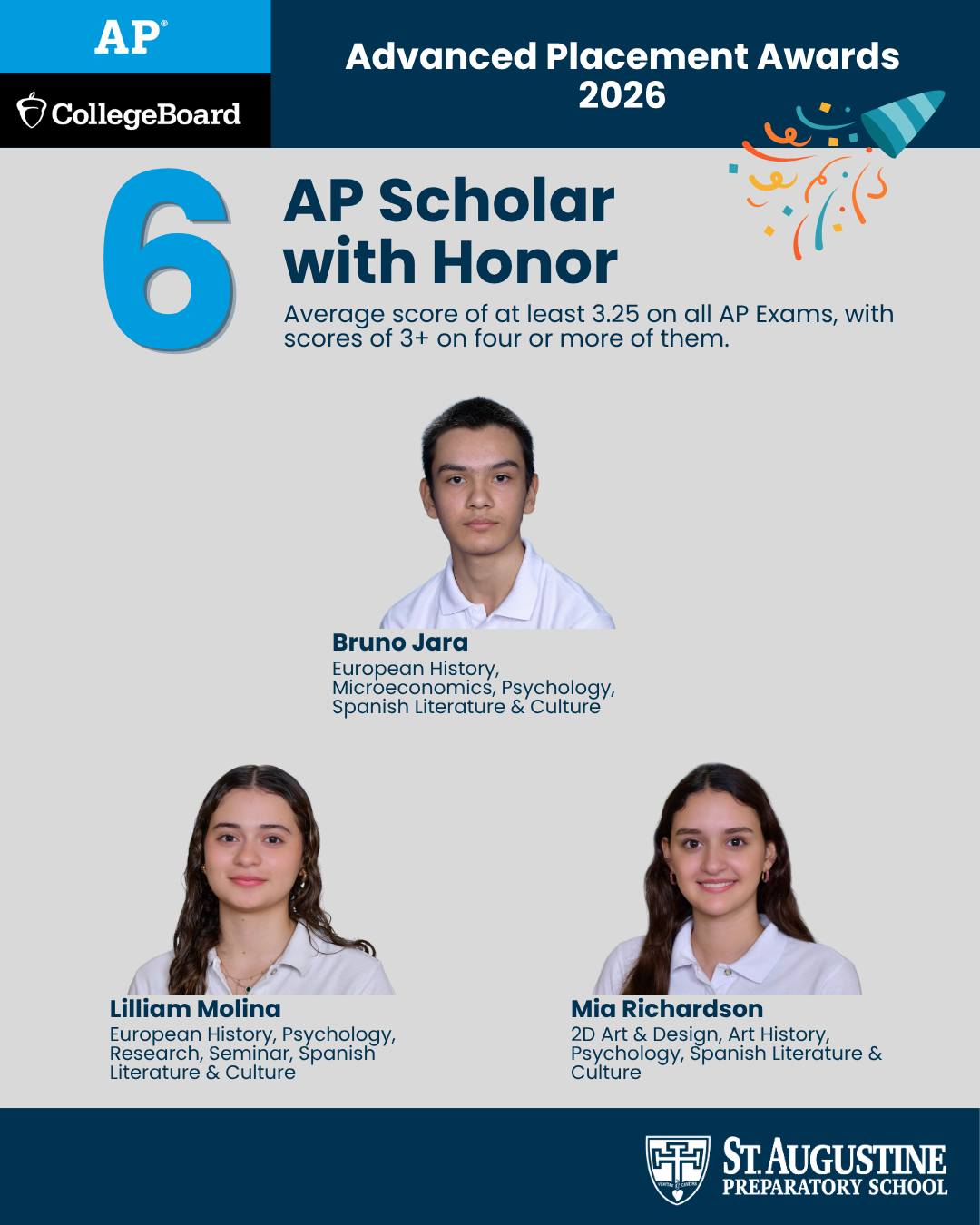 Congratulations to our 6 AP Scholars with Honor! The AP Scholar with Honor award is granted to students with an average score of at least 3.25 on all AP exams, with scores of 3 or more in four or more exams. These results demonstrate our students are well-equipped for success in school, college and beyond. #GoDolphins #TopAcademicSchool #BuildingKnowledge #AdvancedPlacement