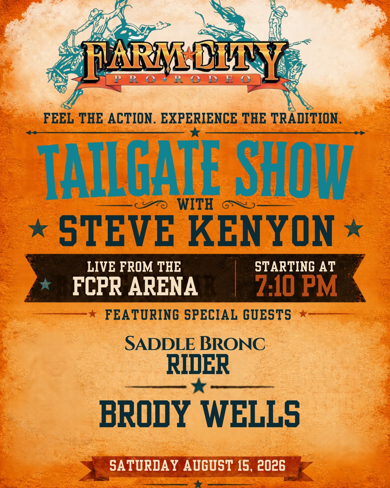 SATURDAY NIGHT TAILGATE SHOW!
We’re getting ready for a BIG Saturday night at Farm-City Pro Rodeo!
Join Steve Kenyon for the Tailgate Show LIVE from the FCPR arena at 7:10 PM, featuring special guest Saddle Bronc Rider Brody Wells!
Then stick around because at 7:20 PM it’s time for the CHAMPIONSHIP ROUND of Mutton Busting! These little cowboys and cowgirls are ready to bring the crowd to its feet!
7:10 PM — Tailgate Show with Steve Kenyon & Brody Wells
7:20 PM — Championship Mutton Busting
Get to your seats early—you won’t want to miss a minute of Saturday night at FCPR!
#FarmCityProRodeo #FCPR #TailgateShow #SteveKenyon #BrodyWells #SaddleBronc #MuttonBusting #ChampionshipSaturday
