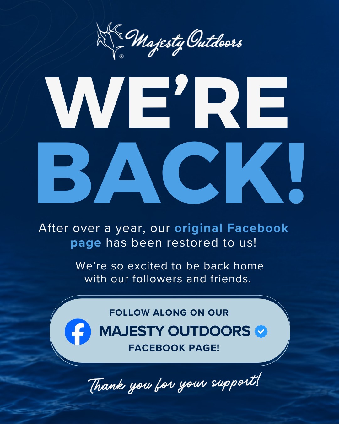 WE’RE BACK! 🙌
After more than a year, we’ve officially regained access to the original Majesty Outdoors Facebook page, and it feels good to be home.
This community of 13,000+ was built around a mission we care deeply about: changing the lives of fatherless youth.
To everyone who stuck with us, found our new page, shared our mission and continued supporting Majesty Outdoors while this page was gone — thank you.
We’re picking up right where we left off, and there’s a lot ahead.
Make sure you’re following Majesty Outdoors right here and invite someone to join us!