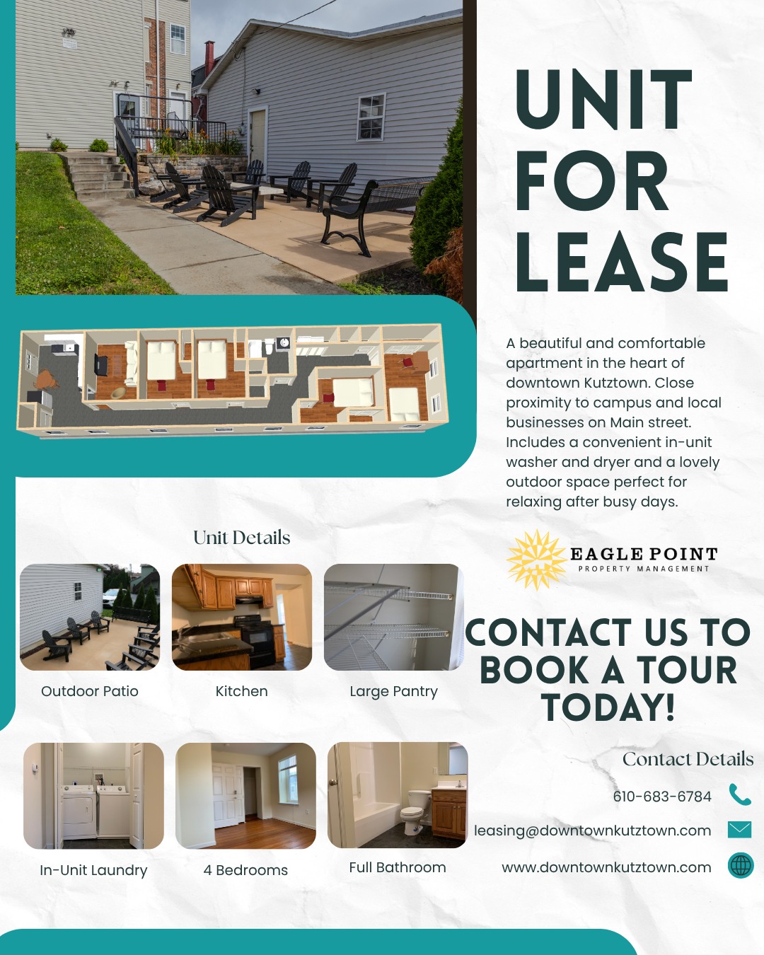 Now booking tours for this stunning apartment located at 246 W Main Street, unit 1! It is a 4 bedroom, 1 bathroom, 1500 sq ft apartment with a washer and dryer in the unit. Call us, visit us, or take a look at our website today to book your tour. #downtownkutztown #livehowyouwantto #kutztownuniversity #kutztown #eaglepointmanagement #eaglepoint #propertymanagement #studenthousing #offcampushousing #offcampus