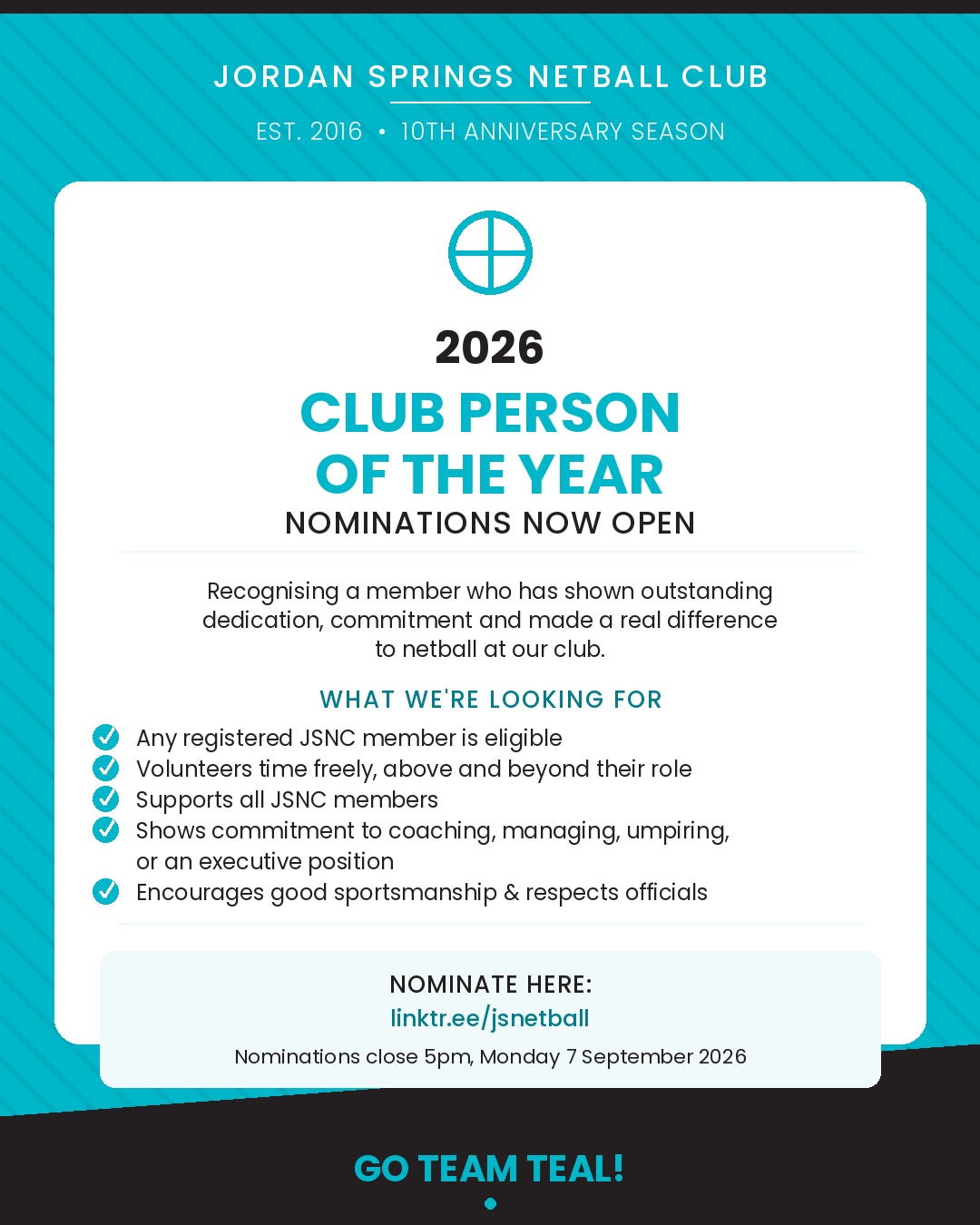Nominations for our 2026 Club Person of the Year are now open!
Nominate here - https://linktr.ee/jsnetball