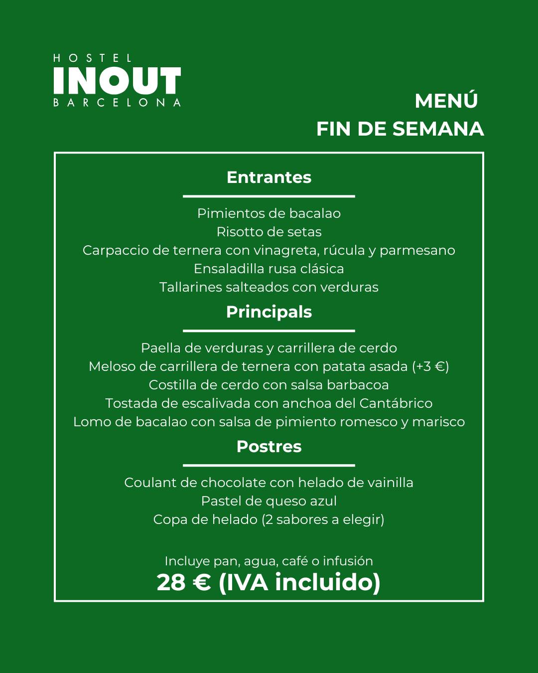🍽️ ¿Tapas para compartir, un plato de la casa o un menú completo?
En INOUT tenemos opciones para todos los gustos. Y sí, está todo buenísimo. 😋
Ven a disfrutar de una comida deliciosa en plena naturaleza y completa la experiencia alojándote con nosotros.
📍 ¡Reserva tu mesa y tu estancia!
🍽️ Tapes per compartir, un plat de la casa o un menú complet?
A INOUT hi trobaràs opcions per a tots els gustos. I sí, tot és boníssim. 😋
Vine a gaudir d’un bon àpat envoltat de natura i completa l’experiència allotjant-te amb nosaltres.
📍 Reserva la teva taula i la teva estada!
🍽️ Sharing tapas, a house specialty or a full menu?
At INOUT, you'll find tasty options for every appetite. And yes, everything is delicious. 😋
Come and enjoy great food surrounded by nature and complete the experience by staying with us.
📍 Book your table and your stay today!
#INOUTHostel #RestaurantINOUT #Barcelona #FoodLovers
