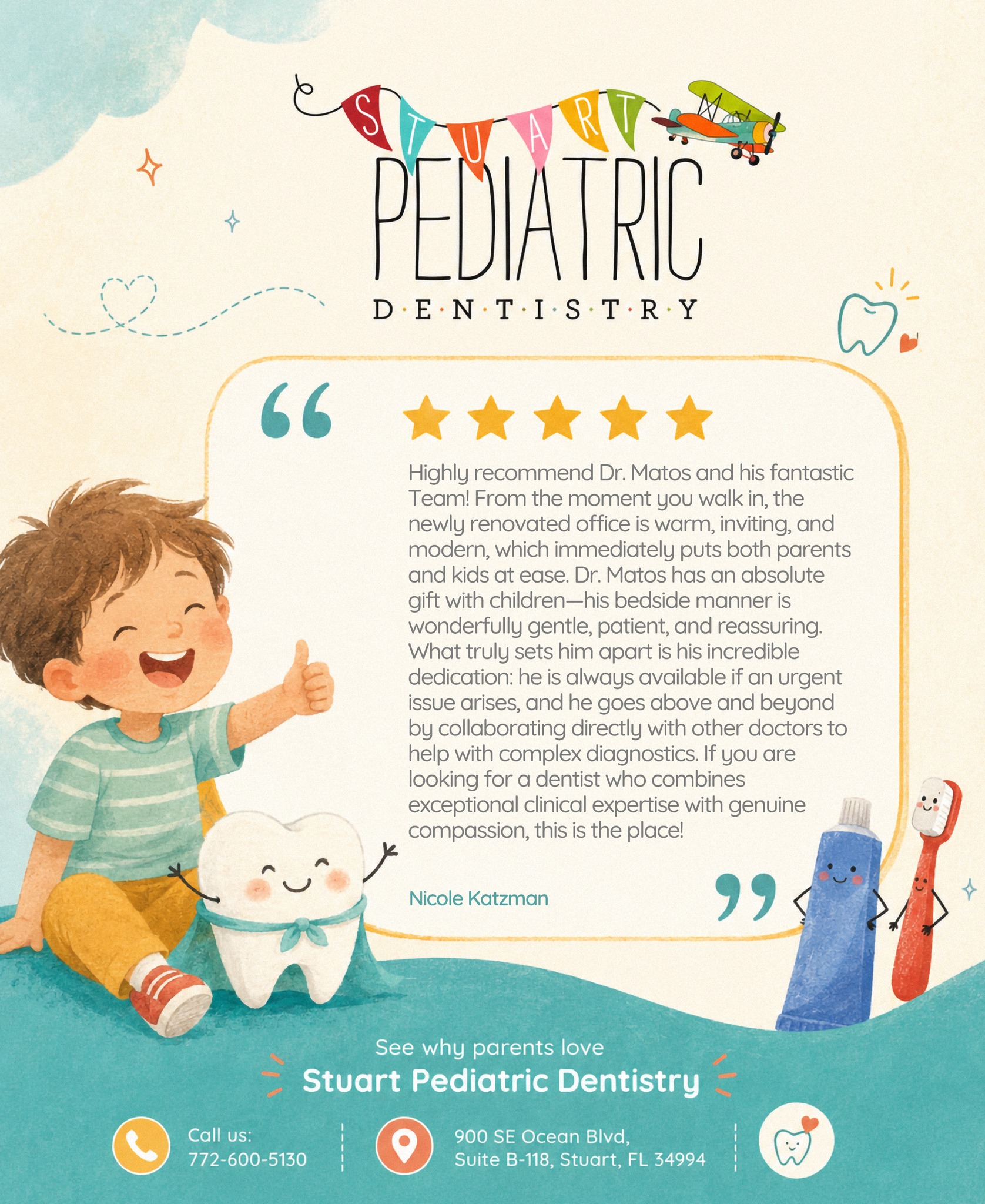 POV: you found the pediatric dentist who just *gets* kids. 👀🦷💙
Gentle? ✔️
Patient? ✔️
Reassuring? ✔️
Actually makes kids feel comfortable? BIG ✔️
Nicole’s review says it better than we ever could. From our newly refreshed office to Dr. Matos’ approach with children, every detail is designed to make dental visits feel a whole lot less intimidating — for kids **and** parents.
And when something unexpected comes up? Having a pediatric dentist who truly cares makes all the difference. ✨
Come see why Treasure Coast families keep recommending SPD.
📅 Schedule your child’s visit at stuartpediatricdentistry.com
#StuartPediatricDentistry #StuartFlorida #TreasureCoastFamilies #PediatricDentistry #KidsDentist #MartinCounty #PalmCity #JensenBeach #ParentRecommended