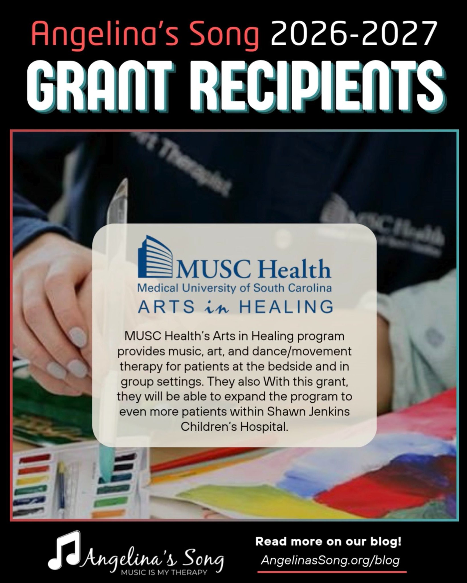 We’re thrilled to spotlight MUSC Health’s Arts in Healing program, @muscarts, as one of our grant recipients! 💙
Through music, art, and other creative therapies, Arts in Healing supports the emotional, physical, and mental well-being of patients and families across @muschealth. Our grant will help strengthen their music therapy services, creating more opportunities for patients to receive goal-directed music therapy during critical points of their healthcare journey. 🩺
Visit our blog to learn more about our 2026–2027 grant recipients: AngelinasSong.org/blog
#AngelinasSong #MusicTherapy #ArtsInHealing #MUSCHealth #HealthcareGrants
