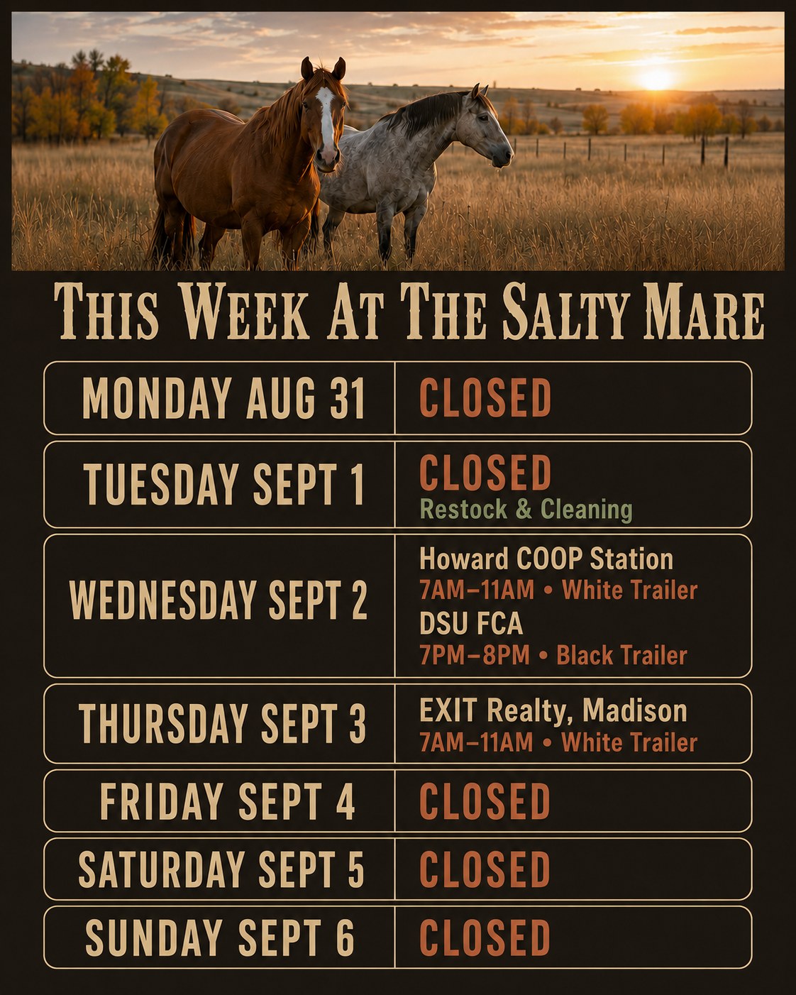It’s a shorter week—but we’re packing plenty into Wednesday! 🤠☕️
We’re taking Monday and Tuesday to close, restock and get everything cleaned up after one wild Prairie Village weekend. Then, both trailers will be out Wednesday before the white trailer returns to Madison Thursday morning!
🌵 Monday: CLOSED
🌵 Tuesday: CLOSED
🌵 Wednesday: Howard COOP Station | 7AM–11AM | White Trailer
🌵 Wednesday Evening: DSU FCA | 7PM–8PM | Black Trailer
🌵 Thursday: EXIT Realty, Madison | 7AM–11AM | White Trailer
🌵 Friday–Sunday: CLOSED
Make sure to swing through Wednesday or Thursday to snag your Salty Mare favorites before we close for the long weekend! We appreciate every single one of you and cannot wait to serve you. 🤎🐎