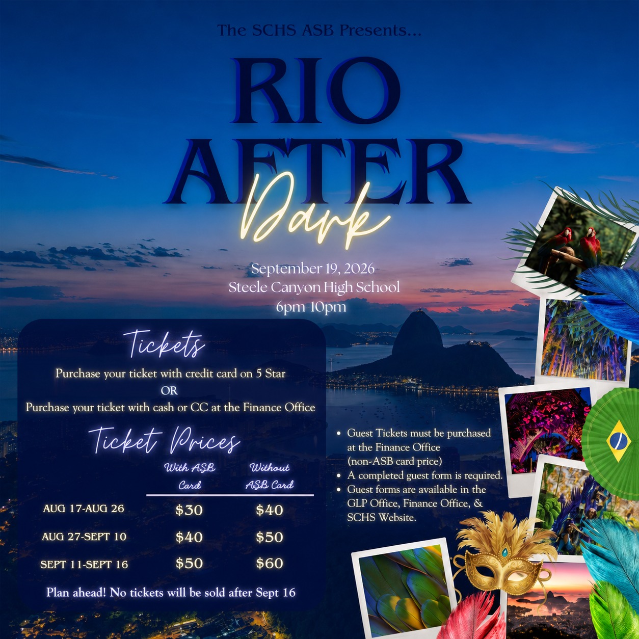 🎉 COUGARS, IT’S TIME TO DANCE! 🌴✨
Join us for Homecoming 2026: RIO AFTER DARK!
📅 Saturday, September 19
⏰ 6–10 PM
📍 Steele Canyon High School
🎟️ BUY EARLY & SAVE!
Aug. 17–26: $30 ASB | $40 without
Aug. 27–Sept. 10: $40 ASB | $50 without
Sept. 11–16: $50 ASB | $60 without
🚨 NO TICKETS SOLD AFTER SEPT. 16!
💳 Buy with a credit card on 5 Star or with cash/credit card at the Finance Office.
🌟 Your ticket includes dancing, 4 photo booths, karaoke, LED games, a movie, food, photo ops & secret surprises!
🍗 Food includes Raising Cane’s, nachos & tots, churros, fruit, drinks, snacks & more!
👥 Bringing a non-SCHS guest? Guest forms must be completed and approved before purchasing a guest ticket. Forms are available in the GLP Office, Finance Office & on the SCHS website.
🎟️ Cougar Pack holders: Your Homecoming ticket is already included and will be loaded into 5 Star!
Grab your friends, get your tickets early, and we’ll see you under the lights! 🌴💃🕺✨
