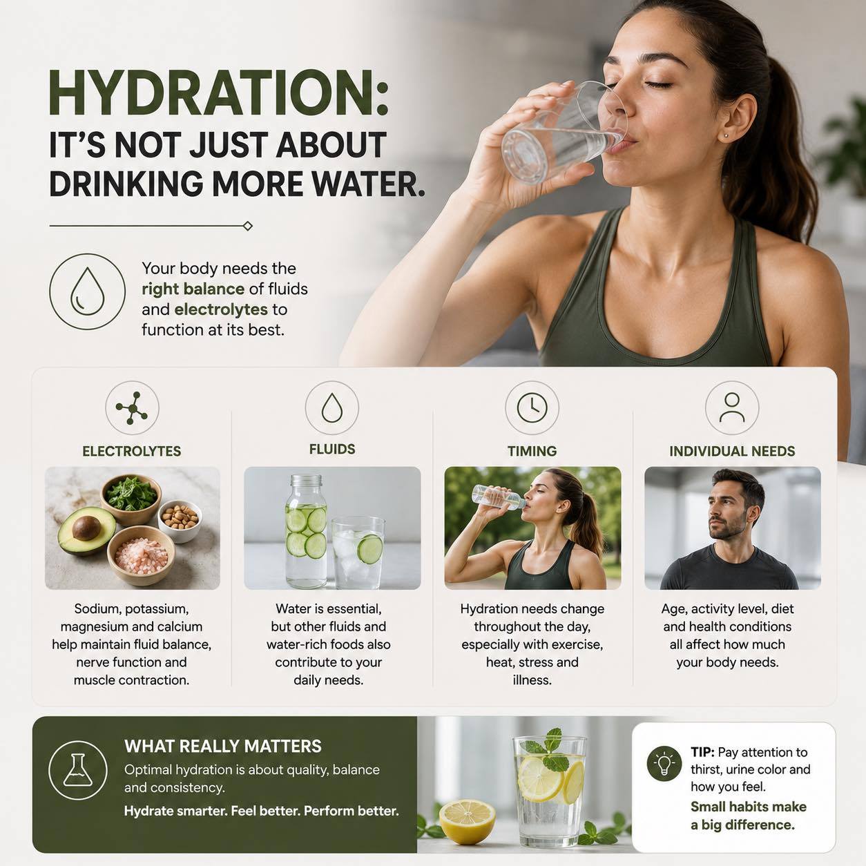 Hydration is more than just drinking more water. 💧
Your body also depends on the right balance of fluids, electrolytes, timing, and individual needs. Activity level, climate, diet, and overall health can all influence how much hydration your body requires.
🥑 Electrolytes help support fluid balance, nerve function, and muscle contraction.
🥒 Water-rich foods and other fluids can also contribute to daily hydration.
⏰ Your needs may increase with exercise, heat, stress, or illness.
Hydrate with intention not just volume.
#Hydration #Electrolytes #WellnessEducation