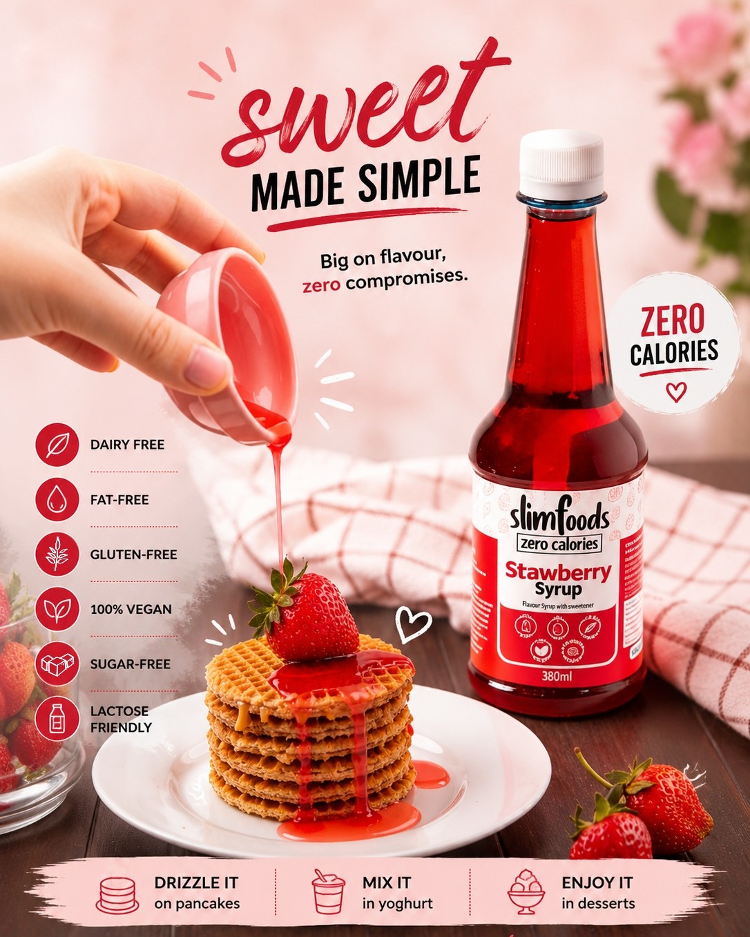 Sweet made simple. 🍓 Add a burst of strawberry flavor to pancakes, yoghurt, desserts and more with SlimFoods Strawberry Syrup. ❤️
#slimfoodsonline #syrups #sauces