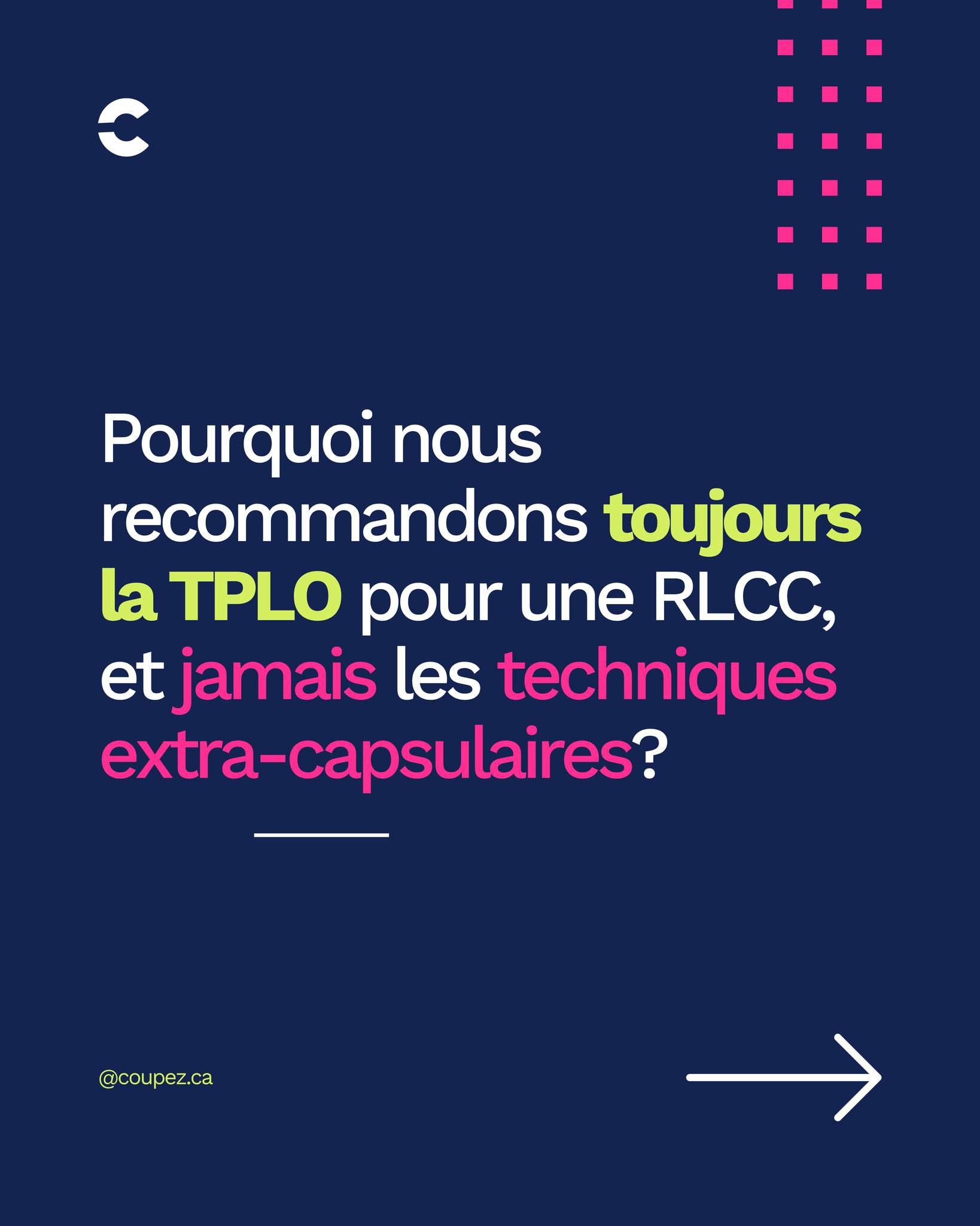 Découvrez le cas de Laïka, un parfait exemple qui illustre pourquoi nous recommandons toujours la TPLO pour traiter une rupture du ligament croisé crânial, et jamais les techniques extra-capsulaires.