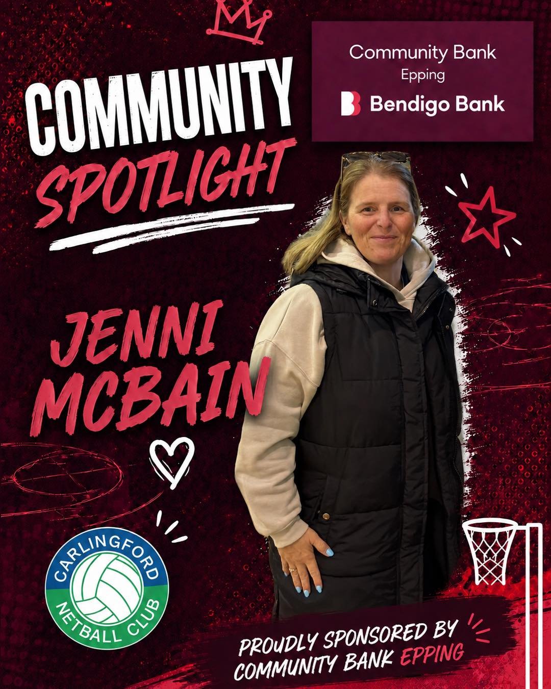 βοΈ Community Spotlight proudly sponsored by @communitybank_epping βοΈ
This week weβre shining the spotlight on our Club President, Jenni McBain! ππ
Jenni puts an incredible amount of time and effort into Carlingford Netball Club, with so much of what she does happening behind the scenes. From supporting our players, coaches and volunteers to helping organise and keep the club running each week, Jenni is always working to make Carlingford the best it can be. Jenni is heavily involved with HDNA, attending meetings and putting in plenty of behind the scenes work to support our club!
A huge thank you to Jenni for the countless hours, dedication and care she gives to our club and our netball community. Weβre very lucky to have her! π«ΆπΌπ
A big thank you to @communitybank_epping for proudly sponsoring our Community Spotlight Series β¨