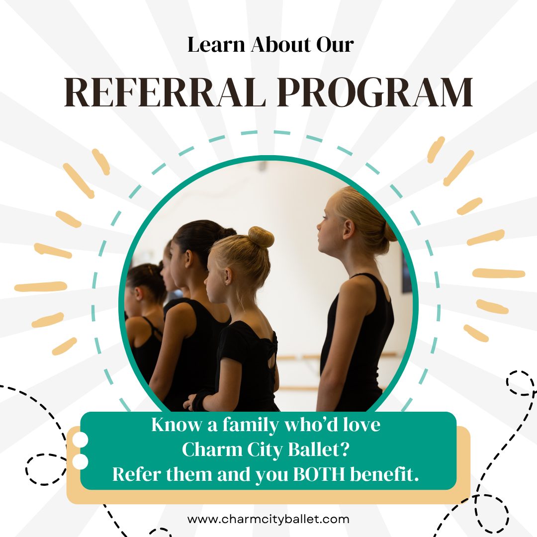 Know a family who’d love it here? 😃
Refer them and you BOTH benefit:
✨ You earn tuition credit.
• 1st family → $50
• 2nd family → $100
• 3rd family → $200 total
• Total credit for 3 successful referrals: $350. After 3, the cycle resets, and there is no limit to earning referral credits.
✨ They get 10% off their first year + a waived registration fee
Just have them mention your name when they register.
Credit applies after four weeks of class.
Questions? Visit our website or email us for full details.
#CharmCityBallet #ReferralProgram #CockeysvilleMoms #BalletStudio #HuntValley