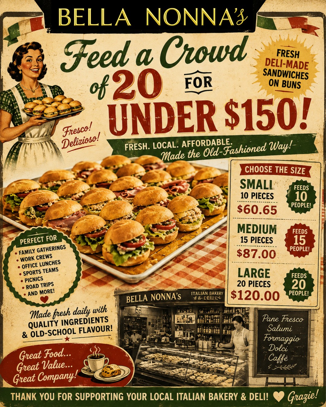 🥪☀️ HAPPY FRIDAY, MAPLE RIDGE!☀️🥪
Feed a crowd of 20 for under $150
How much does it cost to feed 10, 15 or even 20 people these days?
At Bella Nonna’s, our fresh deli sandwich platters make feeding a crowd surprisingly affordable:
🥪 SMALL — 10 pieces | $60.65
🥪 MEDIUM — 15 pieces | $87.00
🥪 LARGE — 20 pieces | $120.00
That works out to only about $6 per sandwich piece!
Compare that with taking 10, 15 or 20 people out for individual fast-food or restaurant meals. The bill can climb pretty quickly! $200 +
Instead, we have a better solution; stop by Bella Nonna's and bring home a platter of fresh deli-made sandwiches on buns, ready to share.
Perfect for:
👷 The work crew
🏡 Family get-togethers
🌳 Summer picnics
⚽ Sports teams
🚗 Road trips
🎉 Small gatherings
🏢 Office lunches
🇮🇹 Fresh. Local. Affordable. And made the old-fashioned deli way.
Feeding a crowd doesn't have to cost a fortune.
Happy Friday, Maple Ridge! ❤️
Bon Appetito! 😋
Warm regards,
The Bella Nonna’s Team💪
#BellaNonnas #HappyFriday #MapleRidge #MapleRidgeBC #SandwichPlatters #DeliSandwiches #FreshSandwiches #FeedTheCrowd #LunchFor10 #OfficeLunch #WorkCrewLunch #FamilyGathering #SummerPicnic #ItalianDeli #ItalianBakery #FreshMade #AffordableLunch #SupportLocal #ShopLocalBC #EatLocal