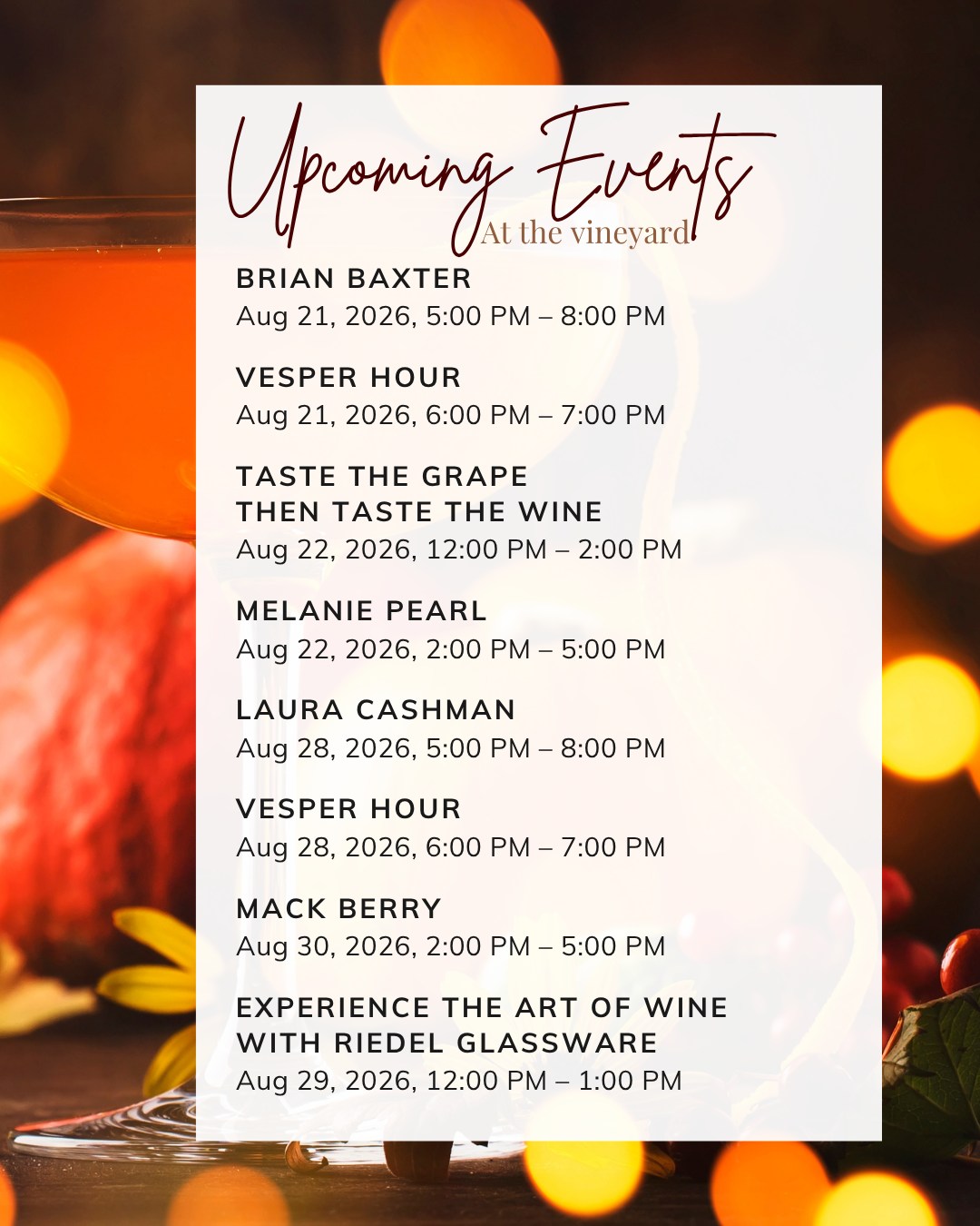 There’s still plenty of summer left to enjoy at Briedé Family Vineyards.
The rest of August is filled with live music, Vesper Hours, and unique tasting experiences, including the chance to taste the grape before tasting the wine and discover how Riedel glassware can change what you experience in every sip.
Take a look at what’s coming up, choose your favorites, and make plans to join us at the vineyard.
#BriedeFamilyVineyards #UpcomingEvents #WinchesterVAEvents #VirginiaWineCountry #LiveMusicVA #WineTasting #ShenandoahValleyWine #ThingsToDoInWinchester #AugustEvents