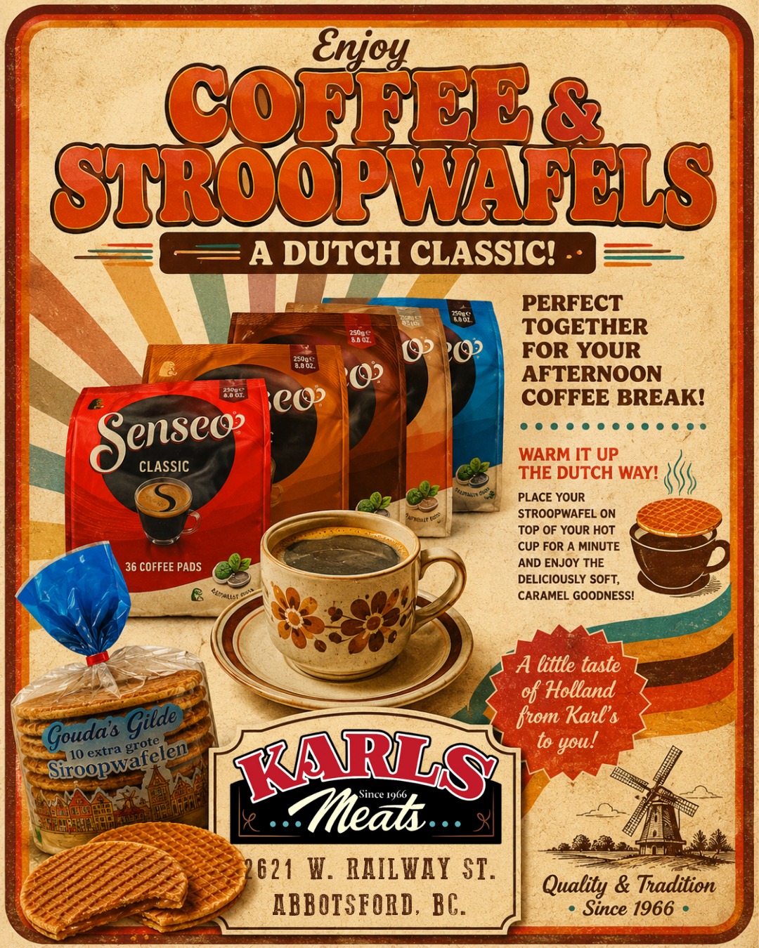 ☕🇳🇱 COFFEE & STROOPWAFELS — A DUTCH CLASSIC! 🇳🇱☕
Sometimes the best afternoon treat is also the simplest: a hot cup of Senseo coffee and a Gouda’s Gilde stroopwafel. 😋
And if you know the Dutch way, you know what comes next...
Place your stroopwafel over your hot cup of coffee for a minute or two and let the warmth gently soften the waffle and that delicious caramel syrup inside. Then enjoy! ☕🧇
Karl’s Meats carries Senseo coffee pads along with Gouda’s Gilde Stroopwafels, so you can bring a little taste of the Netherlands home with you.
Perfect for your afternoon coffee break, an after-dinner treat, or whenever you need a little something sweet.
How do you eat your stroopwafel — straight from the package or warmed over your coffee? 👇🇳🇱
Smakelijk eten! 😋
— The Karl's Meats Team 💪
📍 Karl's Meats
2621 W. Railway St, Abbotsford, BC
📞 (604) 859-9011
#KarlsMeats #Senseo #Stroopwafel #GoudasGilde #DutchCoffee #DutchTreats #DutchFood #TasteOfHolland #CoffeeTime #Stroopwafels #AbbotsfordBC #FraserValley #ShopLocal #SupportLocal