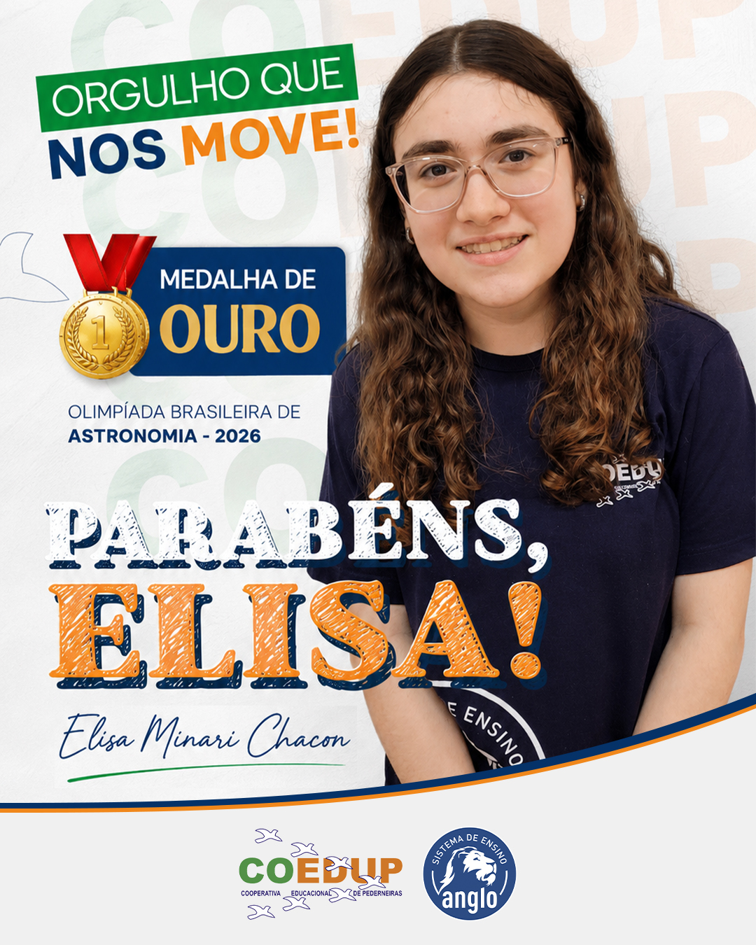 É com o coração transbordando de alegria que celebramos a conquista da nossa aluna Elisa Minari Chacon!
O ouro na Olimpíada Brasileira de Astronomia de 2026 não é apenas uma medalha no peito, é o resultado de muita dedicação, curiosidade e paixão pelo conhecimento.
📚Infantil | Fundamental | Ensino Médio
🦁 Ensino de excelência com o @sistemaanglo | @eduall
🔵🟠Coedup - Cooperativa educacional de Pederneiras