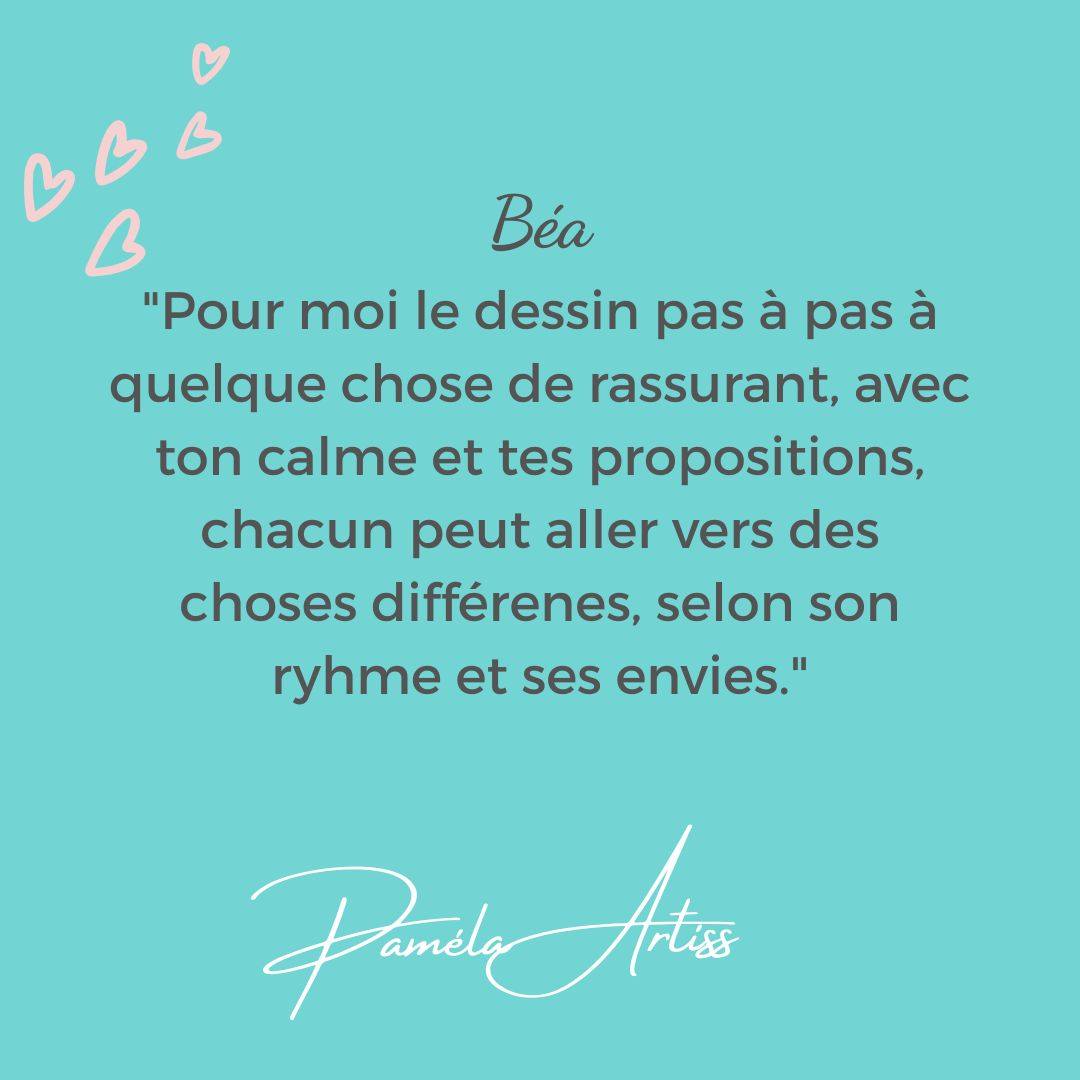 TEMOIGNAGE de Béa sur son expérience dans mes ateliers:
Béa:
“Pour moi le dessin pas à pas à quelque chose de rassurant, avec ton calme et tes propositions, chacun peut aller vers des choses différenes, selon son ryhme et ses envies. De plus, pouvoir faire dans un espace un peu cocon, faire de nouvelles rencontres et ne pas être dans le jugement, permet de vivre un moment suspendu, juste pour soi.”
Si vous souhaitez découvrir précisément le programme que je propose vous pouvez cliquer sur le lien ci-dessous:
👉https://www.pamelaartiss.net/boutique
💙💙
#atelierartistiquefemme #feminité #atelierartistiqueenligne #confiancenesoi #créativité
