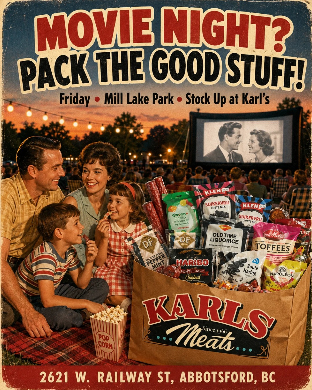 🎬 MOVIE NIGHT IS COMING, ABBOTSFORD! 🍿🌙
Looking for something fun to do with the family before summer disappears?
This Friday, August 28, AbbyPD’s Movie Night in the Park returns to Mill Lake Park! The fun runs from 5–10 PM, with the movie starting around dusk. Bring your blankets, lawn chairs and, of course… the snacks! 😋
And that’s where Karl’s Meats comes in.
Before you head to the park, stop by Karl’s and put together your own Movie Night Snack Pack:
🥩 Sliced deli meats
🧀 Cheese for snacking
🍬 Dutch candy & liquorice
🍪 Cookies, crackers & treats
🇳🇱 And a few nostalgic Dutch favourites for Mom & Dad!
Because sitting under the stars watching a movie is even better when you've got a bag full of your favourite treats. 🌙🎥
What’s YOUR must-have movie snack?
Sweet? Salty? Or a little of both? 👇
Smakelijk eten! 😋
— The Karl's Meats Team 💪
📍 Karl's Meats
2621 W. Railway St, Abbotsford, BC
📞 (604) 859-9011
#MovieNight #AbbotsfordBC #SnackPack #KarlsMeats #FamilyFun #DutchTreats