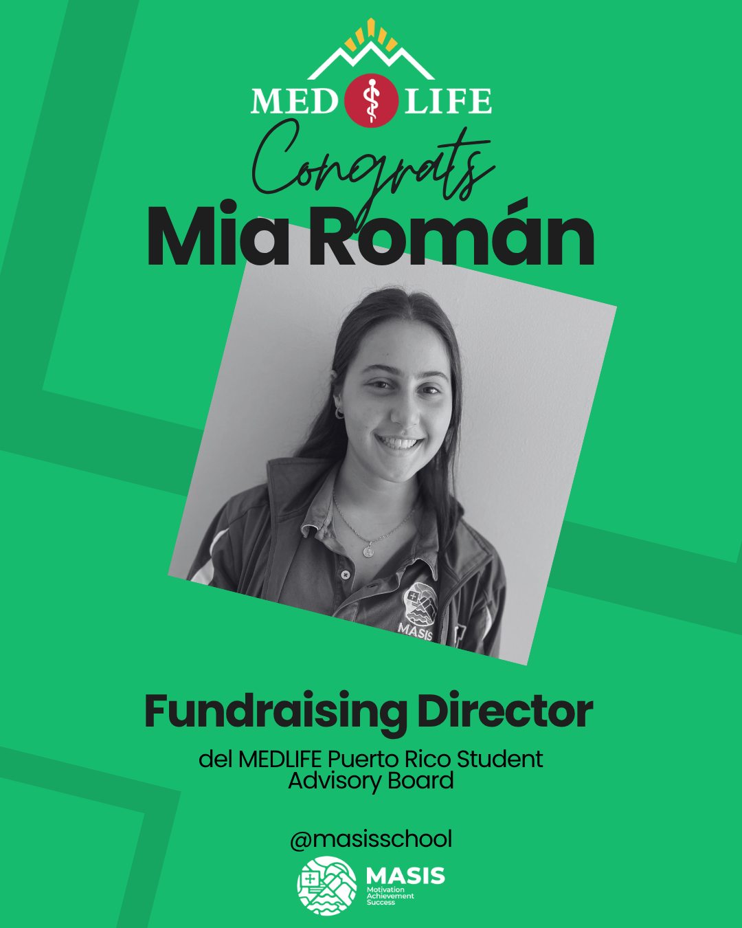 🌟 ¡Seguimos celebrando los logros de Mía Sofía! 🌟
Nos llena de orgullo compartir que, como Presidenta de MEDLIFE Masis Chapter, Mía Sofía logró recaudar más de $9,000 para esta organización. 💙🙌
Gracias a su liderazgo, compromiso y dedicación, Masis School Chapter se convirtió en el capítulo con mayor recaudación de fondos entre más de 100 capítulos de MEDLIFE a nivel secundario y universitario. 🏆
Este extraordinario logro llevó a Mía Sofía a ser nombrada Fundraising Director del MEDLIFE Puerto Rico Student Advisory Board, convirtiéndose además en la segunda estudiante en la historia de MASIS School en ser reclutada para formar parte de la directiva regional de MEDLIFE en Puerto Rico. 🇵🇷✨
¡Un logro que nos llena de muchísimo orgullo! Ver a dos estudiantes de MASIS alcanzar espacios de liderazgo a nivel regional demuestra el impacto, compromiso y calidad de los líderes que se forman en nuestra comunidad escolar. 💙💛
¡Felicidades, Mía Sofía! Continúa dejando tu huella y representando con orgullo a MASIS School. 👏🌟
#MasisSchool #GriffinPride #MEDLIFE #StudentLeadership #OrgulloMasis