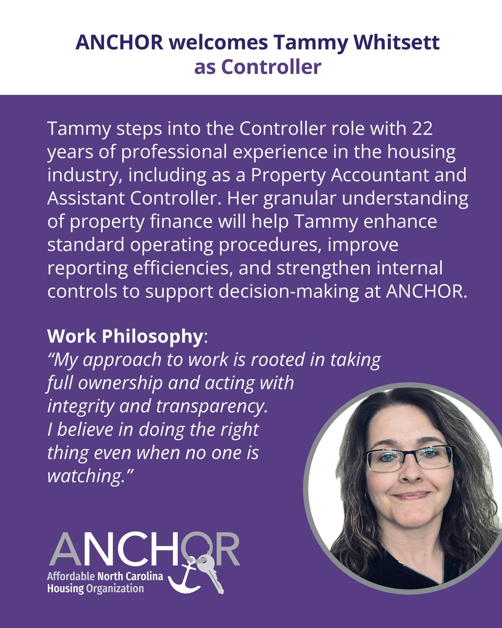 ANCHOR continues to expand to support the exciting projects in our affordable housing pipeline. We have had the good fortune of hiring highly skilled new team members like Tammy Whitsett, who brings more than 20 years of industry experience to her role as Controller. Welcome, Tammy! We are glad to have you on the ANCHOR team!
If you are interested in joining ANCHOR, you can view current openings at https://www.anchornc.org/work-with-anchor
#teamtuesday #affordablehousing #wsnc #nonprofit