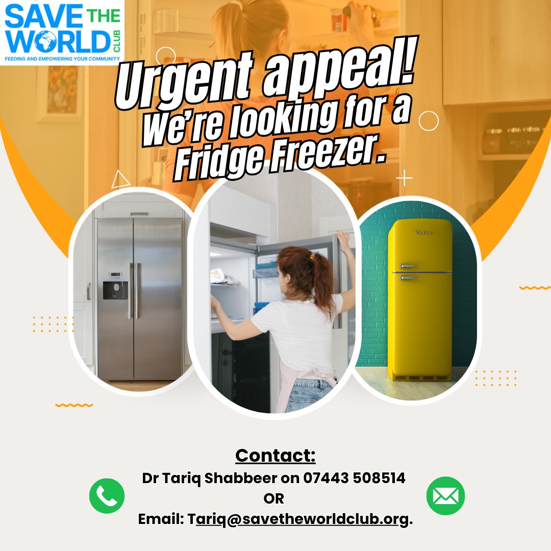 🚨URGENT APPEAL🚨 — ONE OF OUR COMMUNITY FRIDGES HAS BROKEN.
Dear friends, neighbours and residents, one of our large fridge freezers at the Community Kitchen has stopped working and we urgently need your help.
Over recent months, we have given away many fridge freezers to local people who needed them, particularly during this very hot weather. Now we find ourselves needing one! If you have a large fridge freezer in good working order that you no longer need, we would be extremely grateful if you could donate it to Save The World Club.
It would be used every week by our Community Kitchen, Community Café and Community Fridge, helping us keep fresh food safely stored and available to people who need it. If you have one available, please contact Dr Tariq Shabbeer on 07443 508514 or email tariq@savetheworldclub.org. We can discuss collection.
If nobody has one to donate, we'll have to buy a replacement — so please share this post. Someone out there may have exactly what we need. Wishing you all much love from Save The World Club💙💚.
#Help #HelpUsHelpOthers #Fridge #FridgeBreakdown #Food #CommunityFridge #FridgeFreezer #communitysupport #kingstonuponthames #kingston #surbiton #tolworth #newmalden #chessington #community #charity #Reuse #CircularEconomy