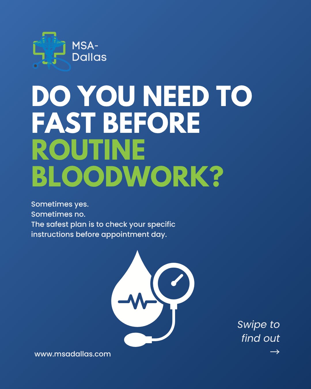 Do you need to fast before routine bloodwork? Sometimes yes—and sometimes no.
One of the most common mistakes is skipping breakfast when fasting wasn't required… or arriving after eating when a specific test did require fasting.
The best approach? Don't guess.
Before your appointment, confirm:
✔️ Whether fasting is needed
✔️ How long to fast (if required)
✔️ Whether plain water is allowed
✔️ If there are any other preparation instructions
At MSA Dallas, our team can help answer your questions before your visit, and if lab work is recommended, our on-site lab services make completing your testing more convenient.
💚 Save this post so you're prepared for your next blood draw.
#bloodwork #preventivecare #primarycare #msadallas #patienteducation