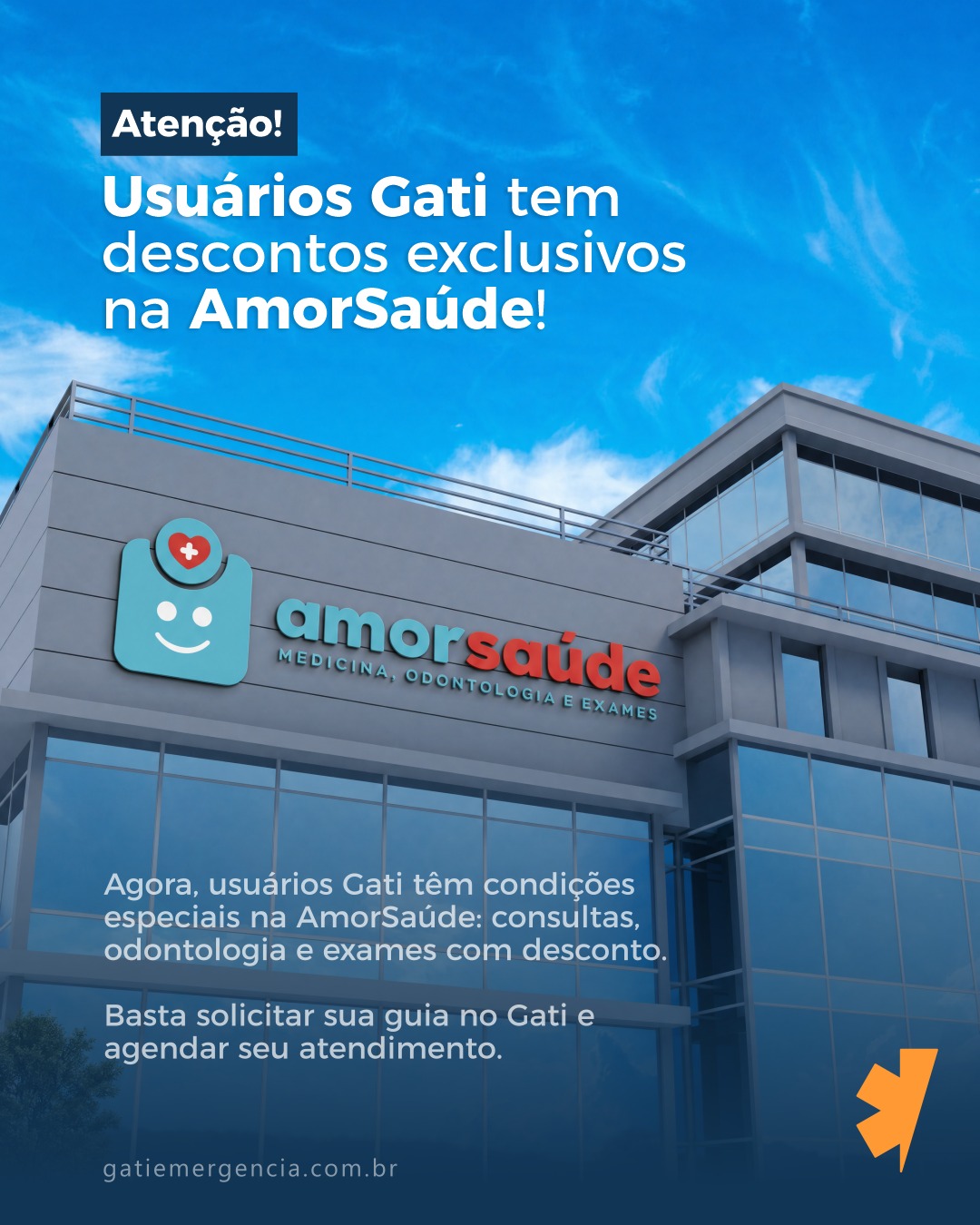 Com o Gati você tem descontos exclusivos na rede AmorSaúde nas cidades de Leme e Pirassununga.
🩺Usuários Gati têm condições especiais em consultas médicas, odontologia e exames.
O caminho é simples: solicite sua guia pelo Gati e agende seu atendimento na AmorSaúde.
Mais saúde, mais economia e o cuidado que você já conhece, agora em mais lugares.
👉 Solicite sua guia e aproveite o benefício.