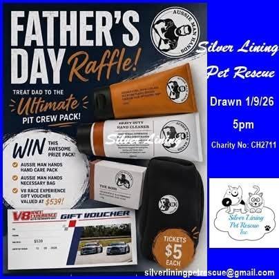 We are running a Father's Day Raffle ! $5 will put you in the draw for these amazing gifts !
To enter simply deposit your $5 or however many tickets you would like and we will send your ticket number!
Bank Details
Silver Lining Pet Rescue
Bsb : 638070
Acc: 13028065
Ref : Father's Day
Drawn 5pm on the 1st September! Get in quick!
Charity No: CH2711
Any questions please email silverliningpetrescue@gmail.com
Big thank you @aussiemanhands @qldraceway for the donation prizes.