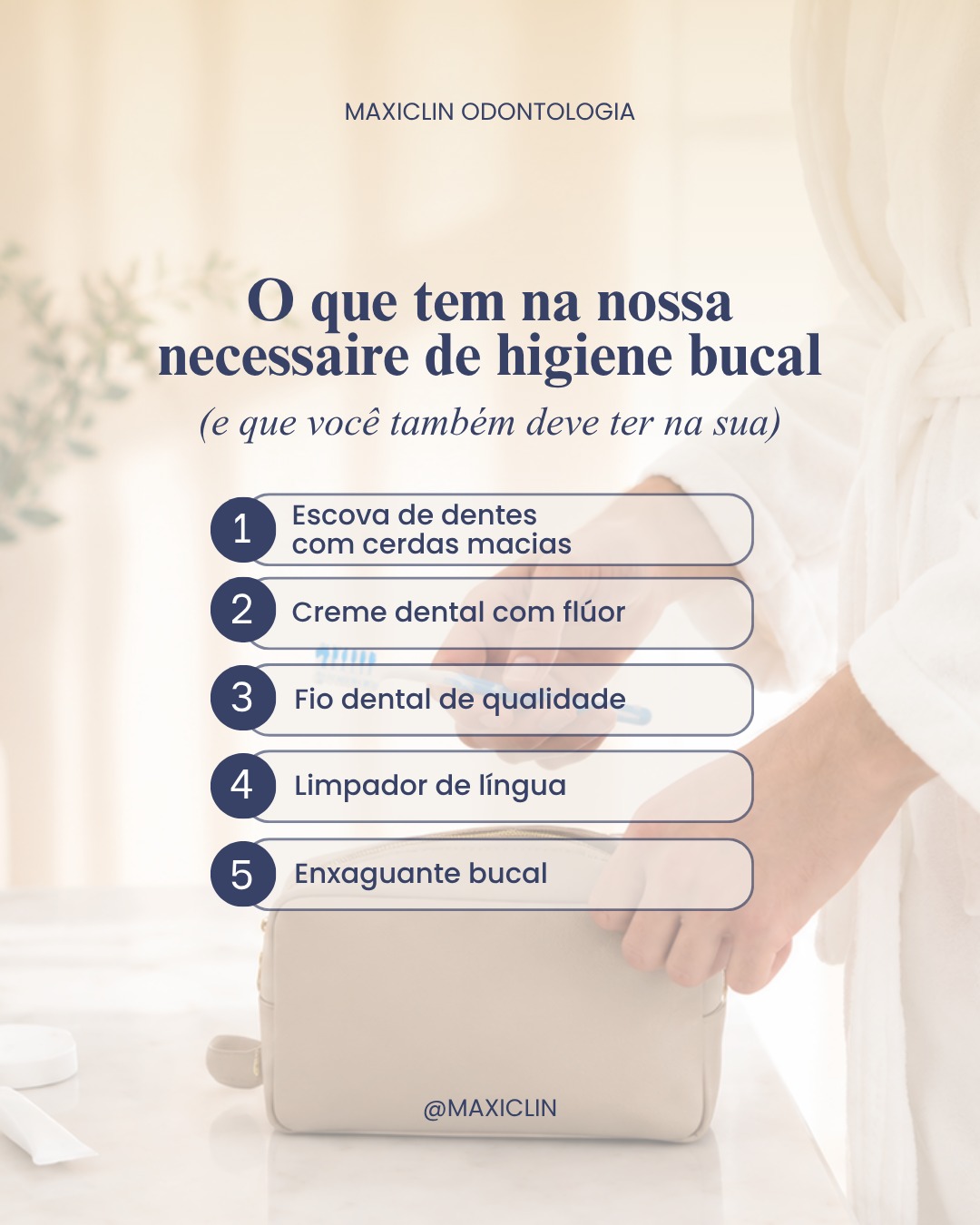 Uma boa rotina de higiene bucal não precisa ser complicada.
O segredo não está em ter mil produtos, mas em manter bons hábitos todos os dias.
Salve esse checklist para consultar quando precisar!
—
Cada paciente é único e as soluções propostas necessitam de avaliação individual e as informações aqui contidas não substituem consulta com profissional. Responsável técnico: Dr. Luciano Camargo Rocha CRO: 11357 – CLM: 2029
#MaxiclinOdontologia #HigieneBucal
#SaúdeBucal
#CuidadosComOSorriso
#SorrisoSaudável
#OdontologiaCuritiba #Curitiba