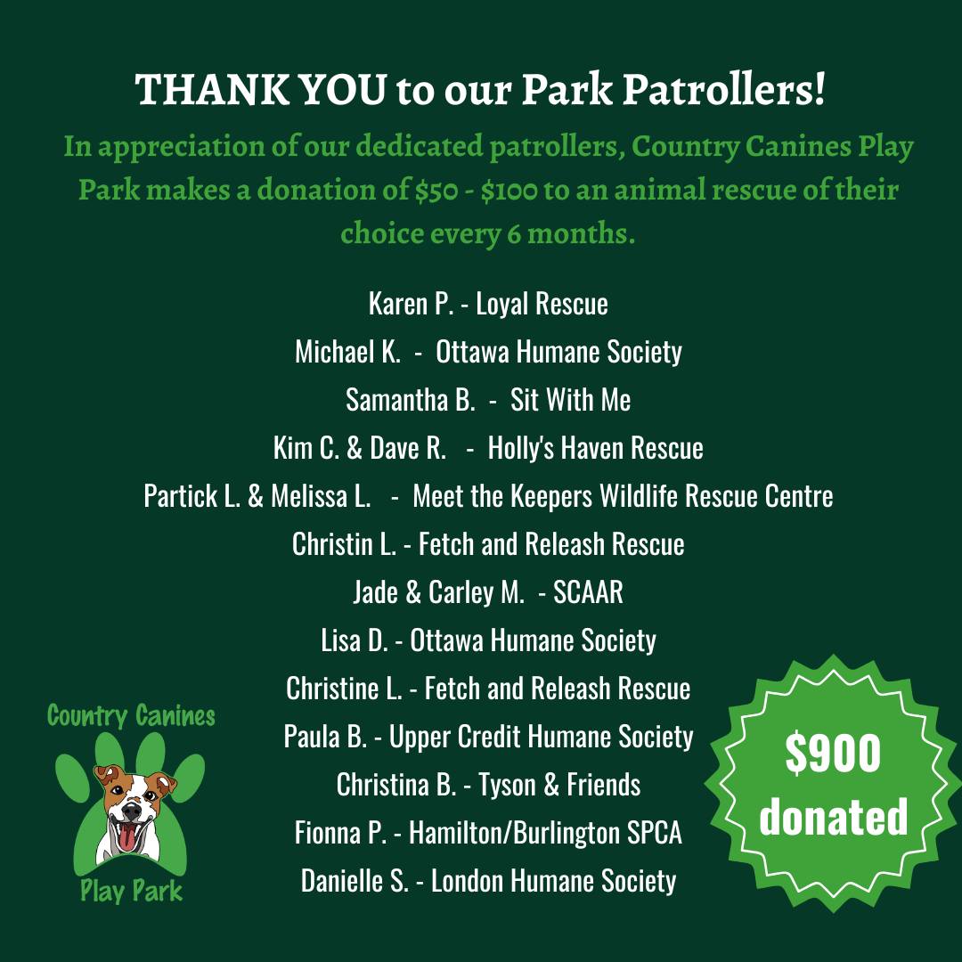 A huge shout out to our patrollers for working hard to keep the parks safe and clean.
Once again we are making donations on their behalf to their favourite rescues.
@loyalrescuedogs Ottawa Humane Society Sit With Me @hhwildliferescue @meetthekeepers @fetch_and_releash @scaarlondon @uppercredithumanesociety @tysonnfriends @hamiltonburlingtonspca @humanesocietylm