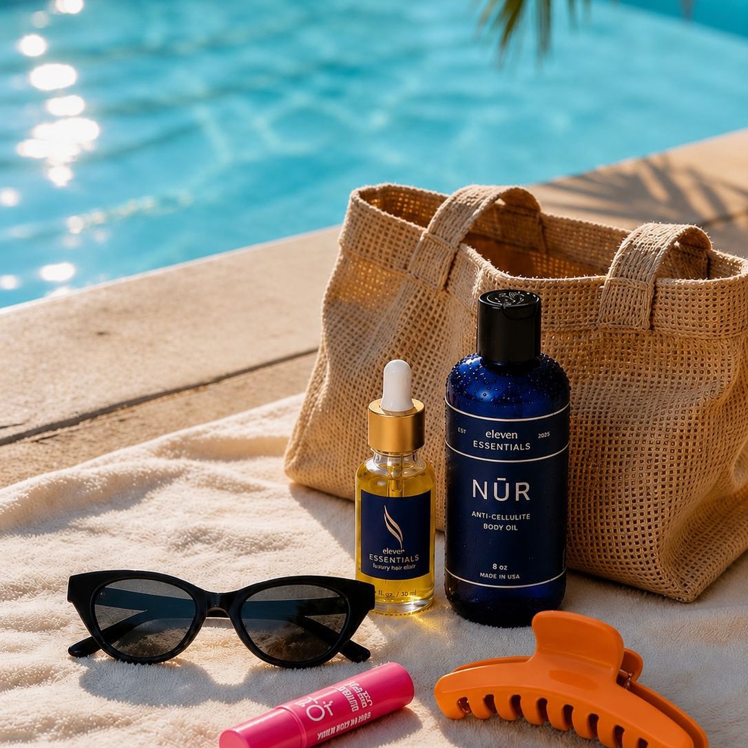 Poolside essentials, sorted. ☀️
NŪR Anti-Cellulite Body Oil for that summer glow, the Luxury Hair Elixir for hair that survives chlorine and sun — this bag isn't leaving your side all season.
What's missing from your poolside lineup?
👉 Shop the summer must-haves at 11essentials.com (link in bio)
#11_essentials_officia l#NURBodyOil #summerskincare #PoolsideEssentials #GlowFromHeadToToe #SelfCareRoutine #LuxuryBodyCare