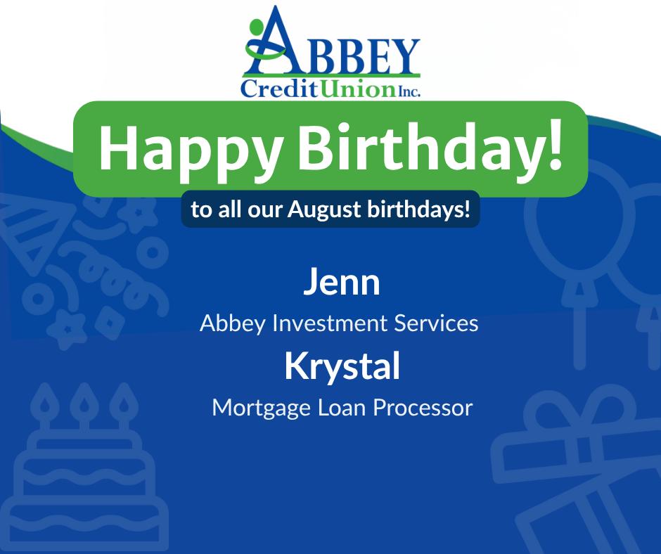 We couldnโt let August end without celebrating our August birthdays! ๐๐
Please join us in wishing Jenn and Krystal a very Happy Birthday! We hope you both had a wonderful month filled with plenty of reasons to celebrate. ๐๐
Happy Birthday from all of us at Abbey! ๐ฅณ