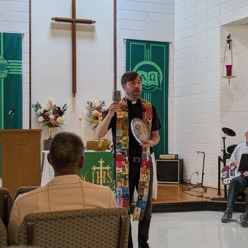 Thank you to the Rev. Tuhina, who allowed us to borrow her beautiful patent and chalice depicting the miracle of the loaves and fishes. The artwork is based upon a floor mosaic located inside the Church of the Multiplication of the Loaves and Fishes (often simply called the Church of the Multiplication) in Tabgha, Israel, on the northwest shore of the Sea of Galilee.