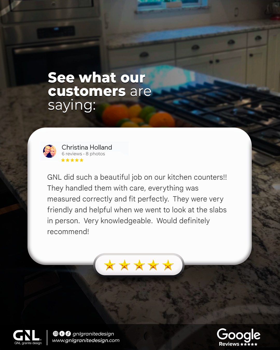 "They handled them with care, everything was measured correctly and fit perfectly. "
Christina , homeowner in the Gulf South.
👇 Free estimate!
📍 Visit our showroom: 195 Commercial Square, Slidell, Louisiana
📞 (985) 718-1158
#GulfSouthCountertops #SlidellCountertops #GraniteAndQuartz #Countertops #GoogleReview