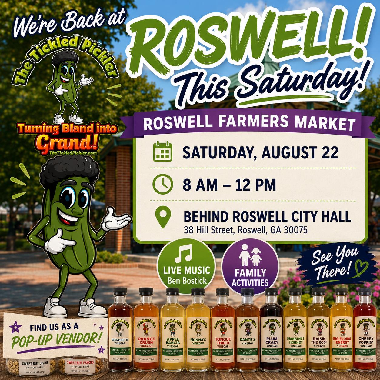🍾🥒 ROSWELL, WE’RE BACK! 🥒🍾
It’s been a minute, Roswell — and we are SO excited to be back at the Roswell Farmers Market this Saturday! 🎉
Come find The Tickled Pickler as a pop-up vendor and get your weekend started with all things live vinegar, pickling, and flavor!
🗓️ Saturday, August 22
⏰ 8 AM–12 PM
📍 Behind Roswell City Hall
38 Hill Street, Roswell, GA 30075
🍓🍊🍒 Bring your taste buds because we’ll have our live, unfiltered vinegars in all kinds of delicious flavors — plus our DIY Pickling Brines! 🥒
💚 Sweet but Divine — sweet, tangy & seriously addictive
🔥 Sweet but Psycho — sweet with a little more attitude
Come sample, stock up, say hello, and let us help you turn your next meal from Bland into Grand! 🌟
🎶 Live music by Ben Bostick
👨👩👧👦 Family activities
🛍️ Lots of amazing local vendors
Roswell, we’ve missed you! Come see us Saturday! 💚💜
#TheTickledPickler #TurningBlandIntoGrand #RoswellFarmersMarket #RoswellGA #FarmersMarket #AtlantaFarmersMarket #ShopLocal #SupportLocal #GeorgiaGrown #LiveVinegar #UnfilteredVinegar #DIYPickles #PicklingBrine #PickleLovers #PickleEverything #SweetButDivine #SweetButPsycho #SmallBatch #ShopSmall #EatLocal #LocalMakers