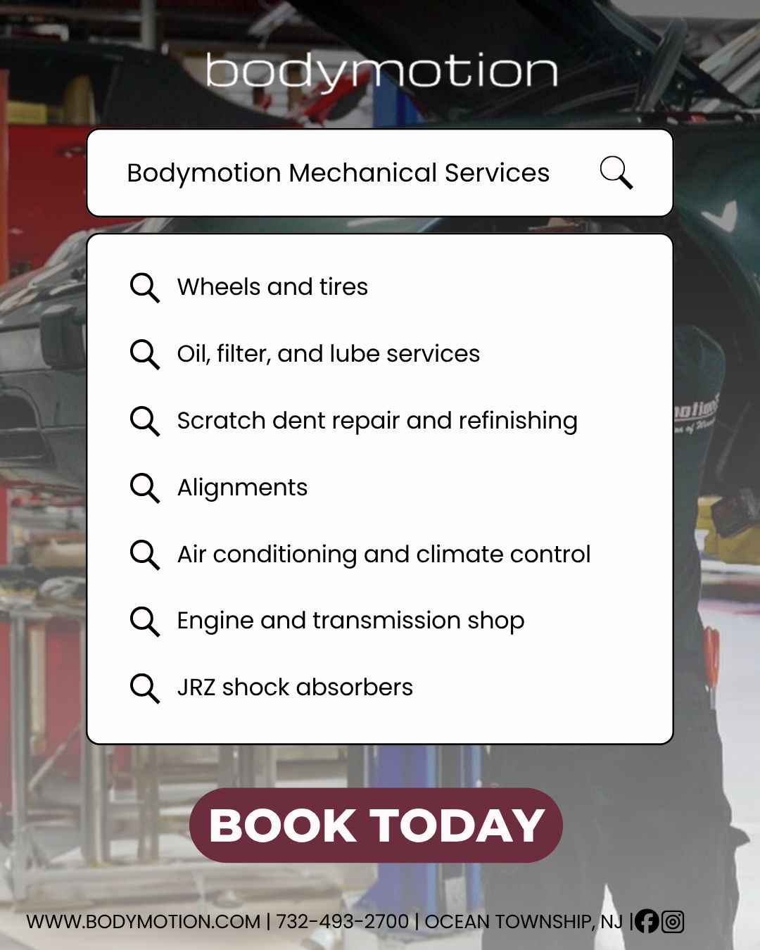 🔧 Bodymotion Mechanical Services 🔧
🏎️Wheels & Tires
🏎️Oil, Filter & Lube Services
🏎️Scratch, Dent Repair & Refinishing
🏎️Alignments
🏎️Air Conditioning & Climate Control
🏎️Engine & Transmission Shop
🏎️RZ Shock Absorbers
Looking for expert care? Book your service today with Bodymotion and keep your car performing at its best! 🚗✨
📍 Ocean Township, NJ
📞 732-493-2700
🌐 www.bodymotion.com
#Bodymotion #AutoService #MechanicalExperts #CollisionRepair #PerformanceCare #MonmouthCountyNJ