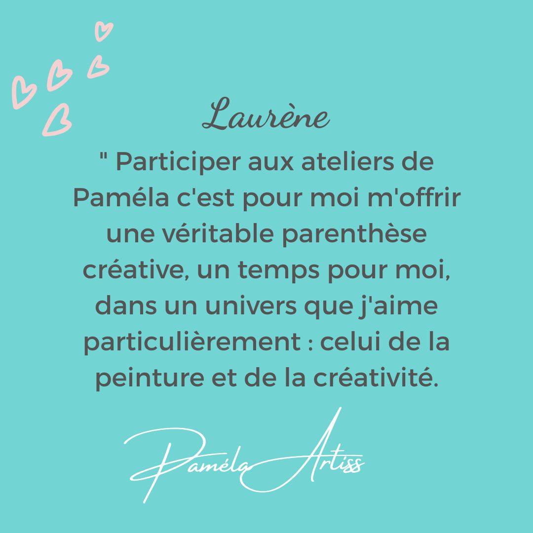 TEMOIGNAGE de Laurène sur son expérience dans mes ateliers:
" Participer aux ateliers de Paméla c'est pour moi m'offrir une véritable parenthèse créative, un temps pour moi, dans un univers que j'aime particulièrement : celui de la peinture et de la créativité. Même la peinture, qui ne m'était pas toujours facile au départ, est devenue au fil de séances une expérience de plus en plus naturelle et accessible.
Ce que j'apprécie particulièrement avec Paméla c'est sa capacité à nous accompagner sans faire à notre place. Elle sait voir des possibilités là où, parfois, nous ne voyons pas grand-chose nous mêmes. Elle nous aide à aller jusqu'au bout d'une création et, presque à chaqe fois, on se surprend par le résultat. Cela fait aussi beaucoup pour la confiance en soi.
Je ressors toujours de ses ateliers avec le sentiement d'avoir créé, découvert quelque chose et surtout de m'être accordé un vrai moment pour moi. Une expérience toujours positive, conviviale et inspirante, que j'ai eu beaucoup de plaisir à vivre et que je recommande volontier."
Merci Laurène pour ce témoignage, qui fait plaisir d'une part mais surtout qui décrit précisement, exactement ce que je souhaite apporter dans les ateliers que je propose.
Si vous souhaitez découvrir précisément le programme que je propose vous pouvez cliquer sur le lien ci-dessous:
👉https://www.pamelaartiss.net/boutique
💙💙
#atelierartistiquefemme #feminité #atelierartistiqueenligne #confiancenesoi #créativité