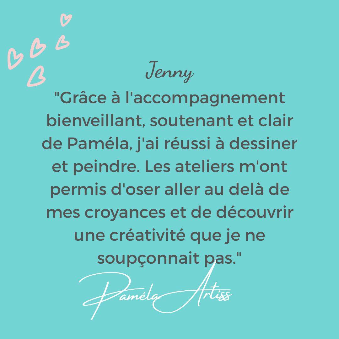 TEMOIGNAGE de Jenny sur son expérience dans mes ateliers:
Jenny
"Grâce à l'accompagnement bienveillant, soutenant et clair de Paméla, j'ai réussi à dessiner et peindre. Les ateliers m'ont permis d'oser aller au delà de mes croyances et de découvrir une créativité que je ne soupçonnait pas. Merci beaucoup pour ces ateliers, une vraie bulle de plaisir.
"Les séances de peinture intuitive sont des moments précieux que j'ai adoré vivre. Ils permettent de se rencontrer d'une nouvelle manière, de mieux se comprendre et aussi parfois de trouver des cles de compréhension."
Si vous souhaitez découvrir précisément le programme que je propose vous pouvez cliquer sur le lien ci-dessous:
👉https://www.pamelaartiss.net/boutique
💙💙
#atelierartistiquefemme #feminité #atelierartistiqueenligne #confiancenesoi #créativité