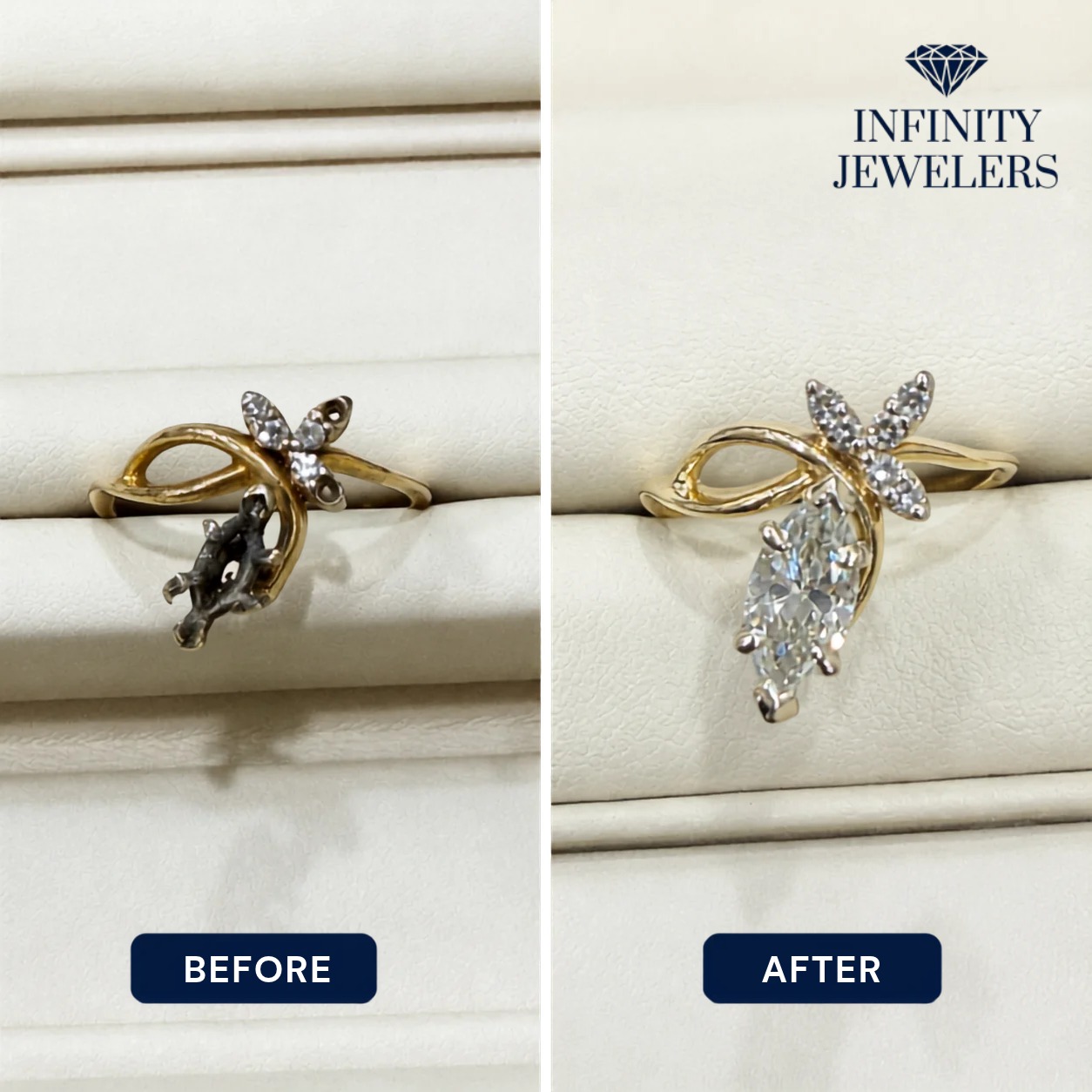 From damaged to dazzling! We restored this beautiful ring by replacing the missing diamonds—including the stunning marquise center stone—then finished it with a professional cleaning to bring back its shine.
Don’t let damaged or missing stones keep your favorite jewelry tucked away. From rings and necklaces to bracelets and more, we offer professional jewelry repairs to help bring your favorites back to life.