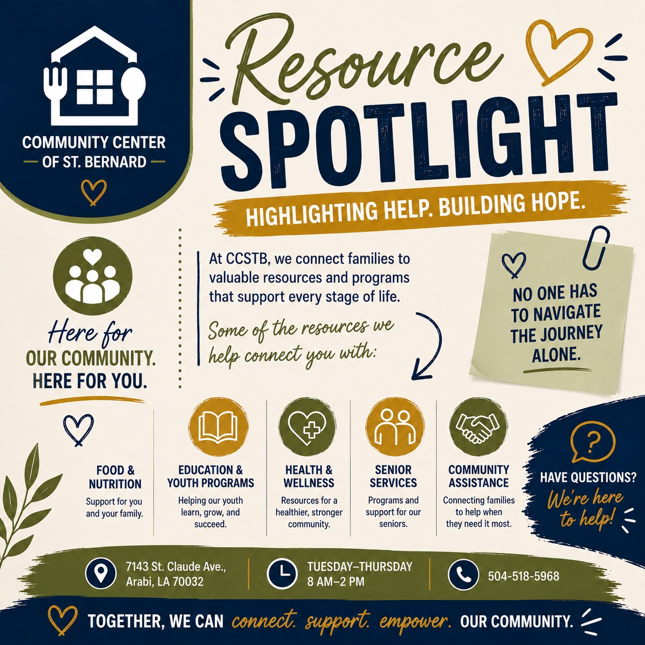 CCSTB is here to help connect families with valuable resources and programs throughout our community. From food and nutrition to education, wellness, senior services, and more—we’re here to help you find the support you need. 💛
Have questions? Reach out to us!