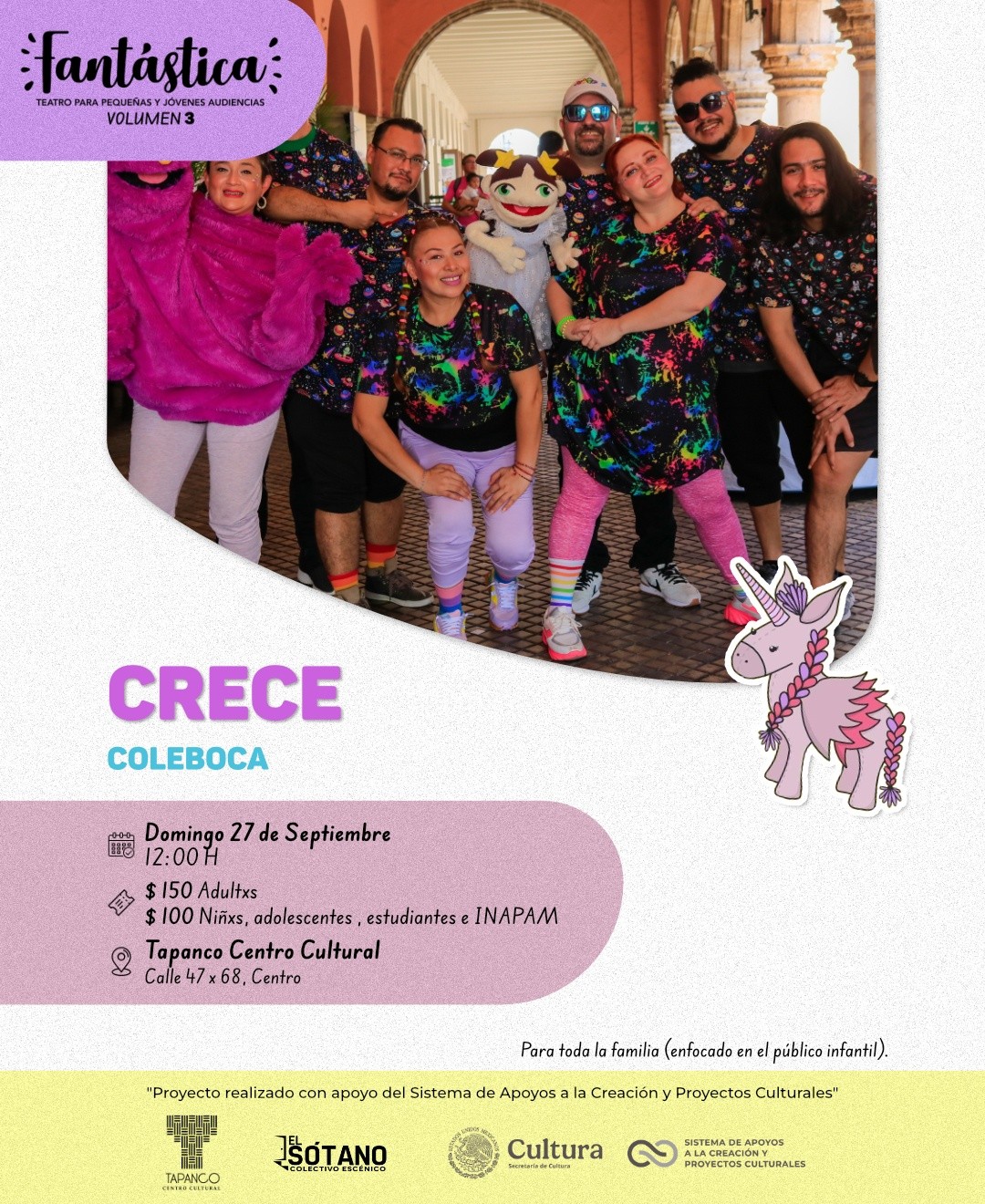 Crece 🎤🎵✨
¡Llega a Fantástica! 🦄✨
🎼 Cantamos con las infancias sobre los tiempos de crecer, sanar y habitar las etapas del desarrollo.
🌟 ¿Te gustaría cantar sin miedo y explorar las emociones que las acompañan?.
📅 Domingo 27 de Septiembre
⏰ 12:00 PM
📍 Tapanco Centro Cultural C. 47 x 68, Centro.
🎭 Coleboca.
🎟️ Entradas:
👩🦰 Adultos: $150
🧒 Infancias, adolescentes, estudiantes e INAPAM: $100
📲 Registro por DM o al 999 958 7507
🌟 No te lo pierdas 🌟
🦄 ¡Acompáñanos en la tercera edición de Fantástica!✨
#Fantástica #canto #música #teatroinfantil #teatro #tapanco #emociones #Cultura #Mérida #Infancias #TapancoCentroCultural